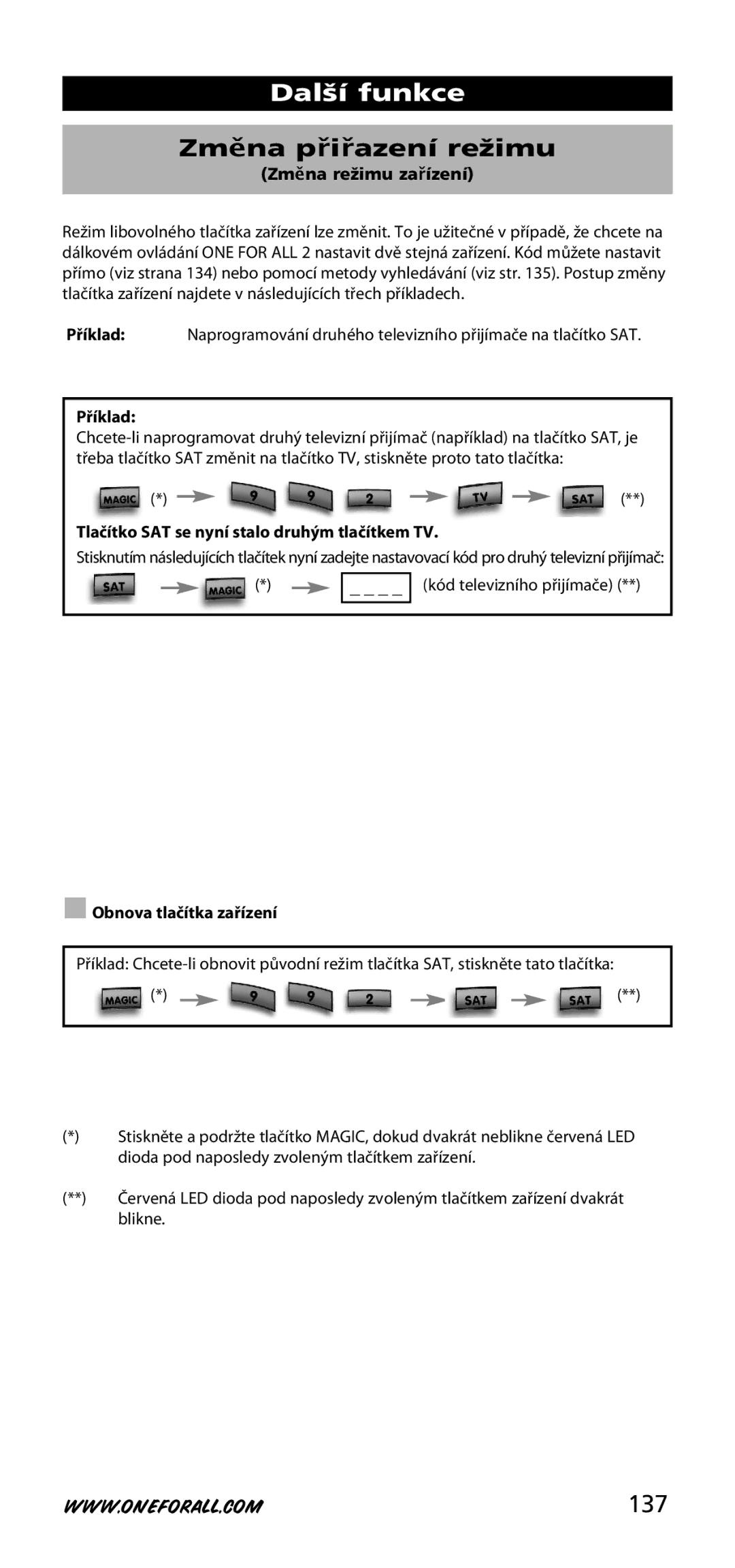 One for All URC-3720 instruction manual Další funkce, Změna pě řiřazeníř režimu, 137 