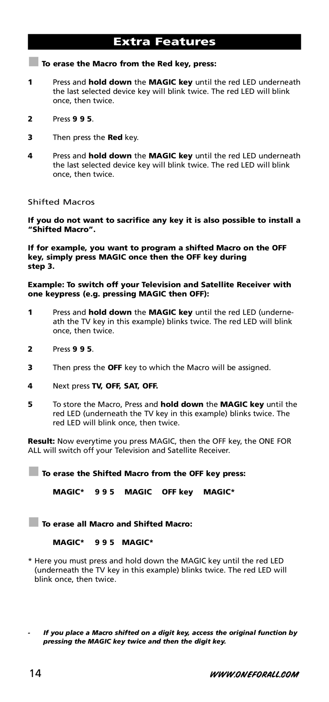 One for All URC-3720 To erase the Macro from the Red key, press, To erase the Shifted Macro from the OFF key press, Magic 