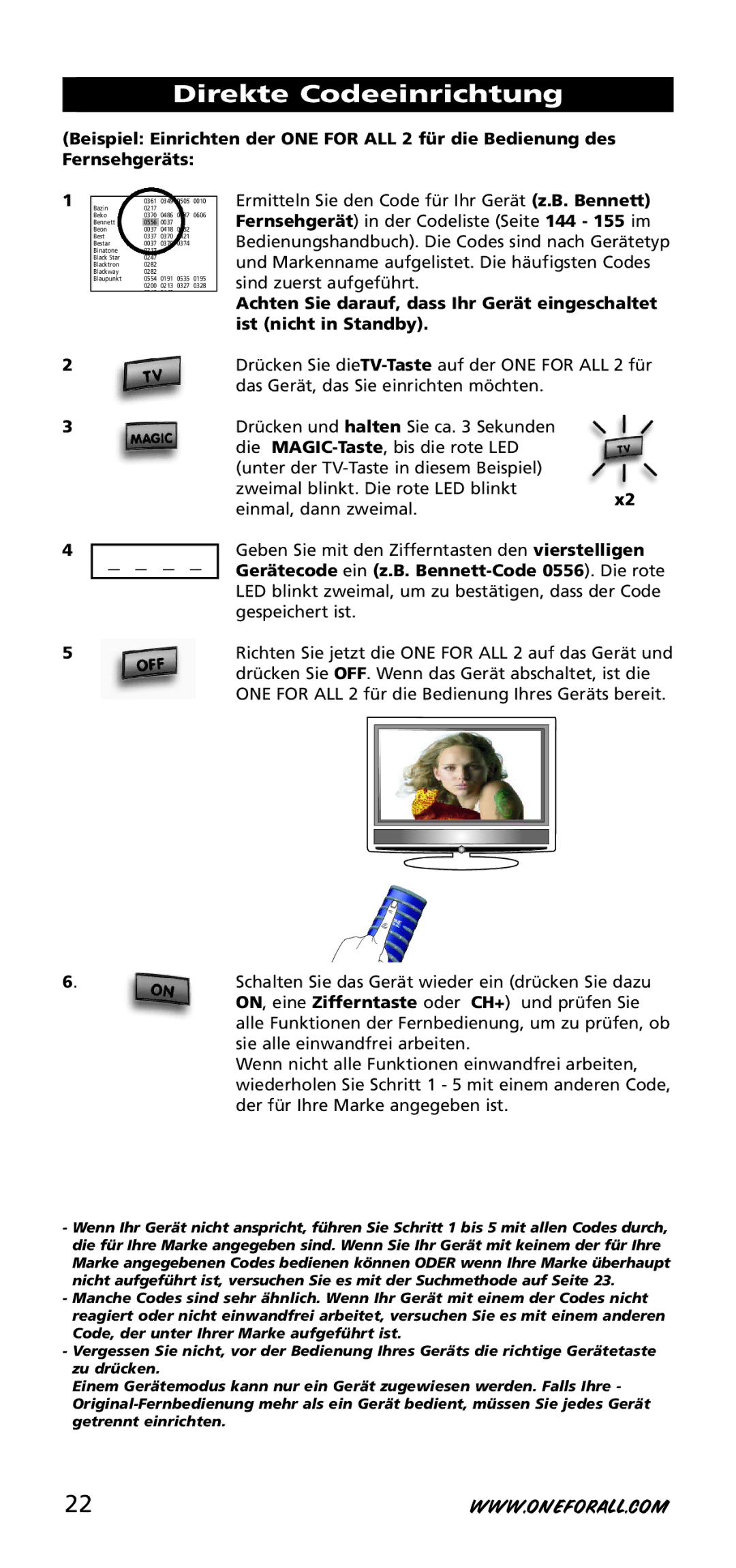 One for All URC-3720 instruction manual Direkte Codeeinrichtung 