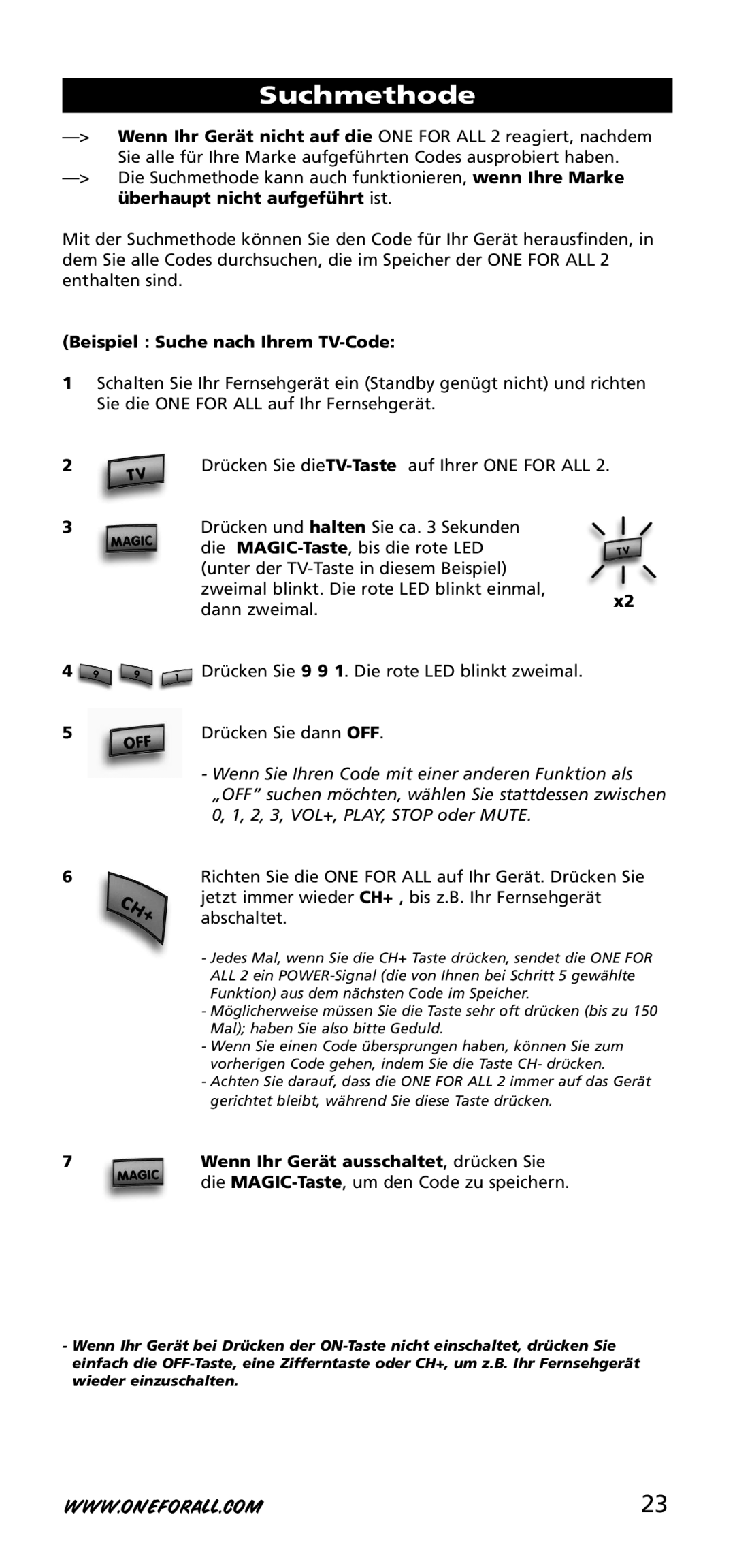 One for All URC-3720 instruction manual Suchmethode, Beispiel Suche nach Ihrem TV-Code 