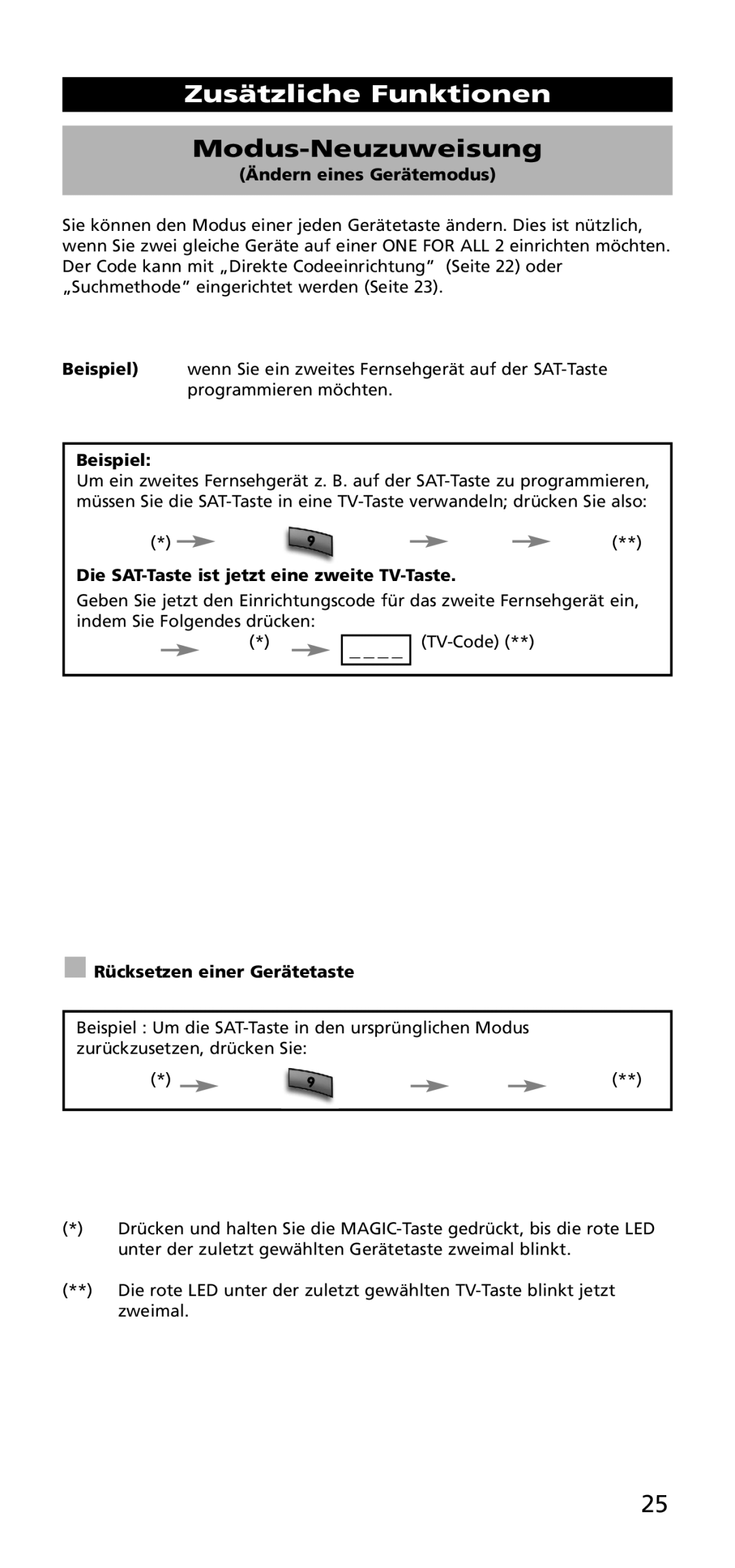 One for All URC-3720 instruction manual Zusätzliche Funktionen, Modus-Neuzuweisung 