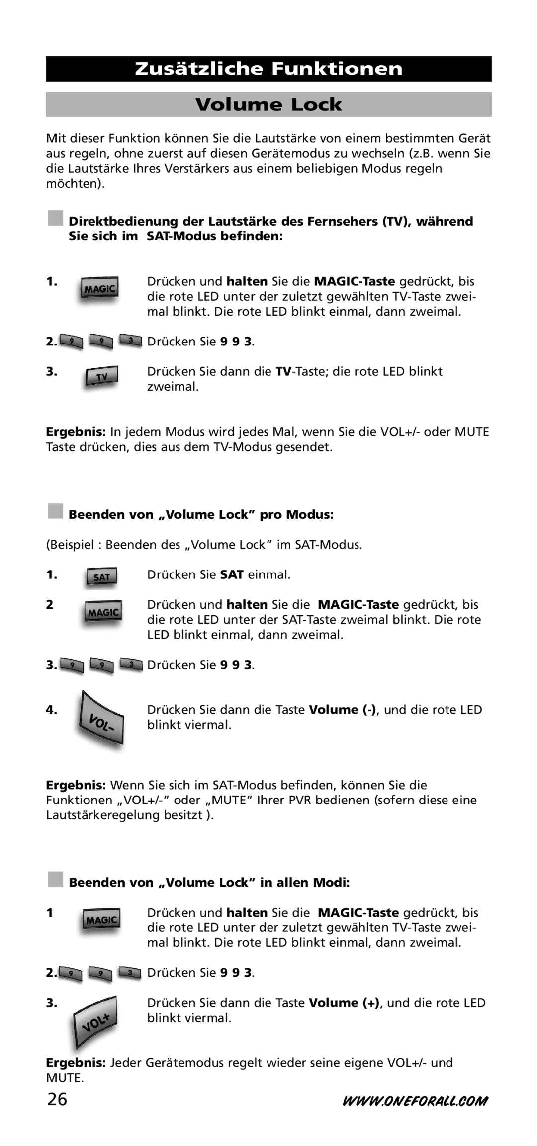 One for All URC-3720 instruction manual Beenden von „Volume Lock pro Modus, Beenden von „Volume Lock in allen Modi 