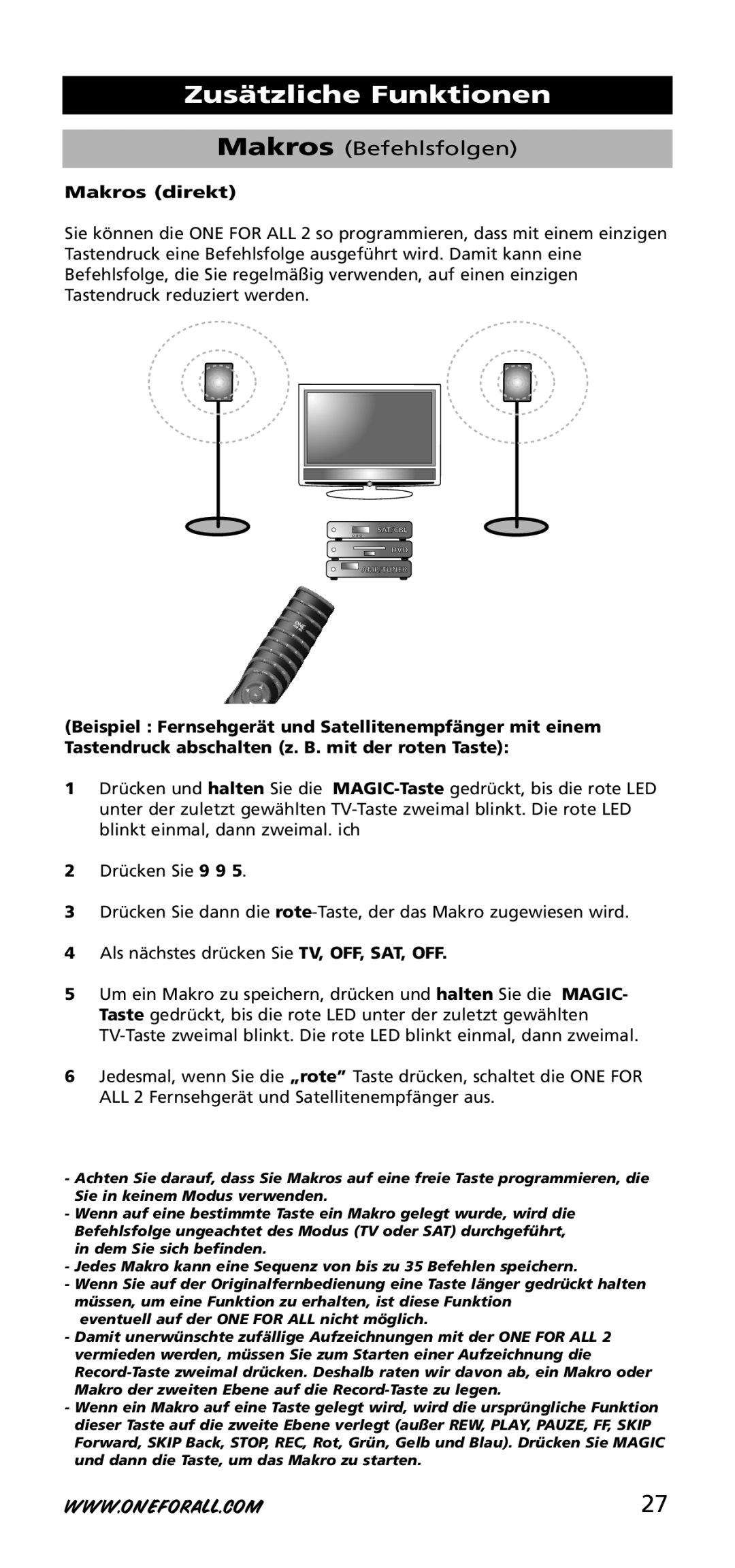 One for All URC-3720 instruction manual Makros Befehlsfolgen, Makros direkt 