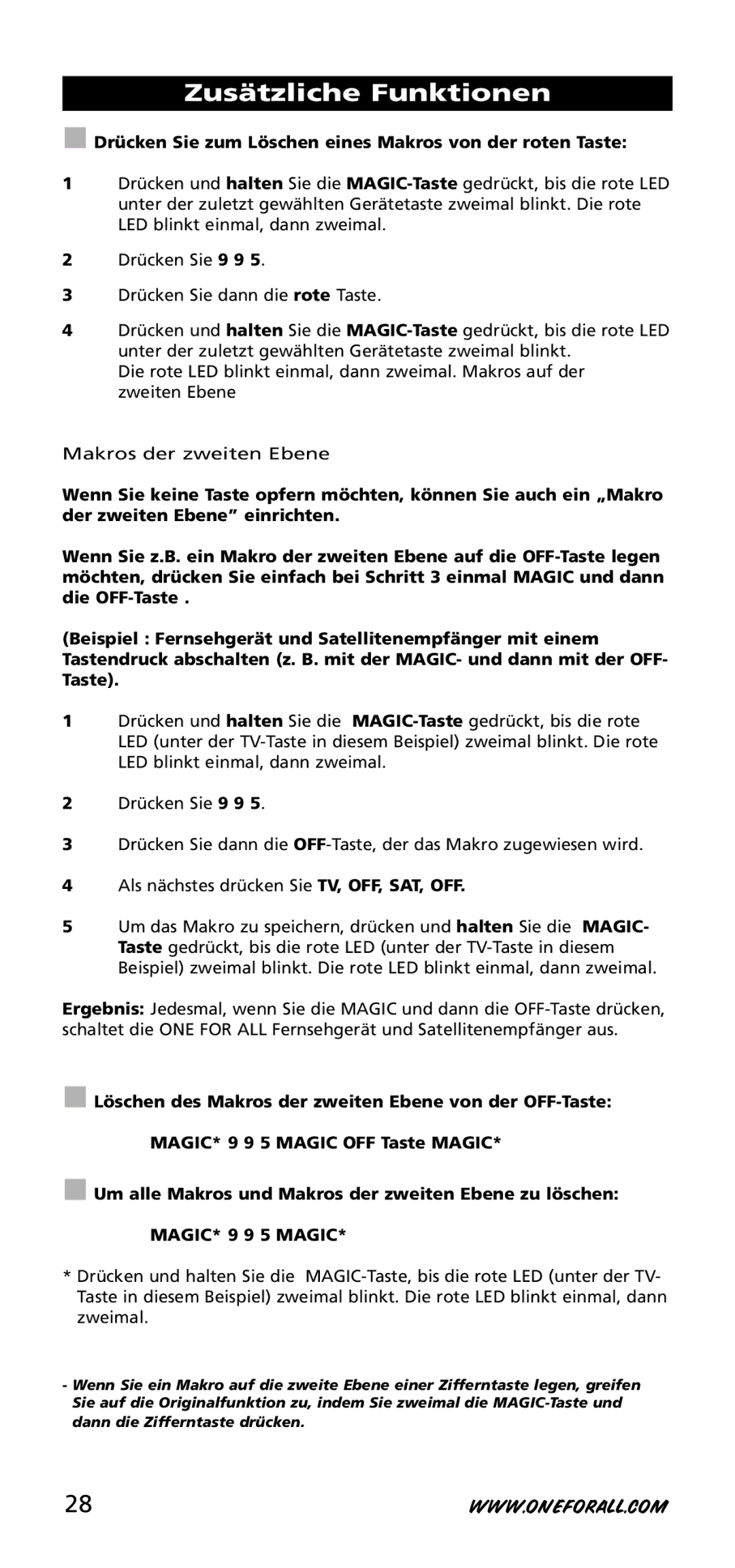 One for All URC-3720 instruction manual Drücken Sie zum Löschen eines Makros von der roten Taste 