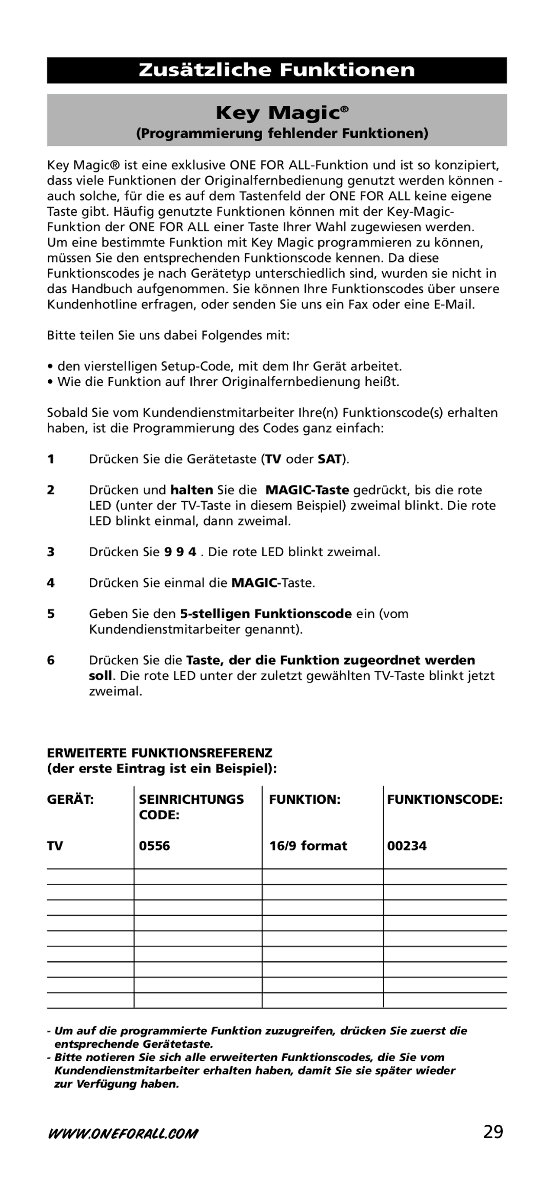 One for All URC-3720 instruction manual Gerät Seinrichtungs, Code Funktionscode, 0556 16/9 format 00234 