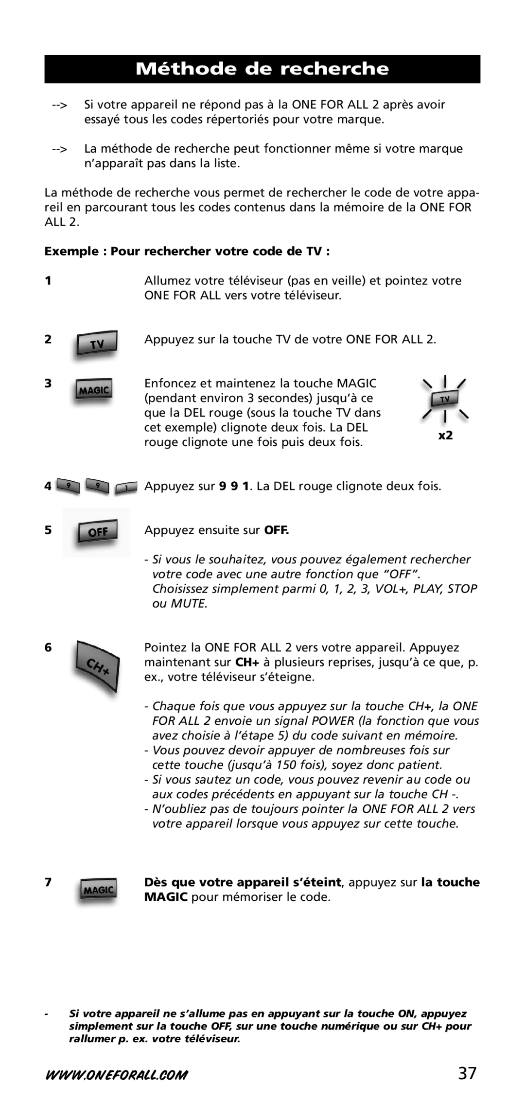 One for All URC-3720 instruction manual Méthode de recherche, Exemple Pour rechercher votre code de TV 