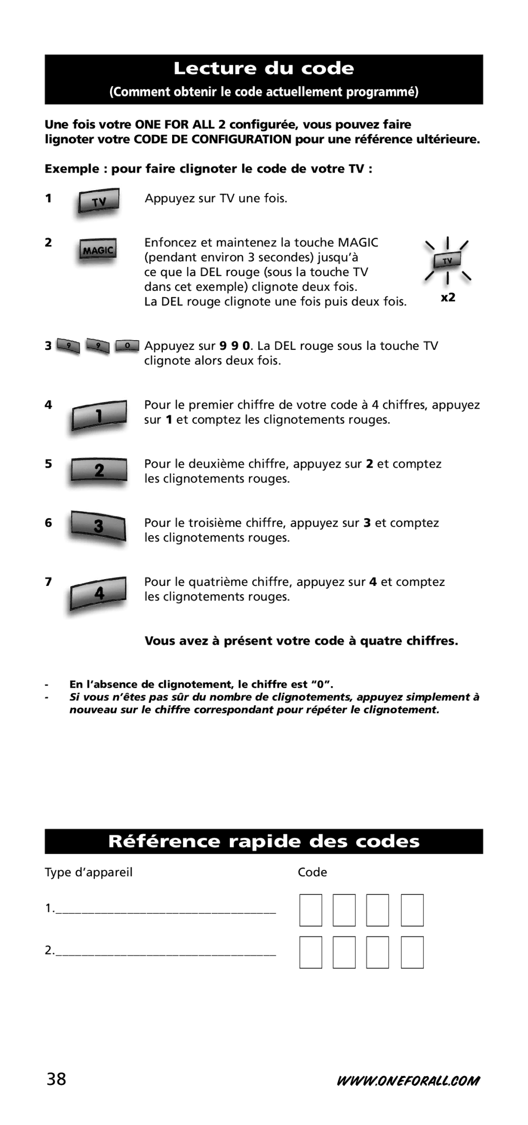 One for All URC-3720 Lecture du code, Référence rapide des codes, Vous avez à présent votre code à quatre chiffres 