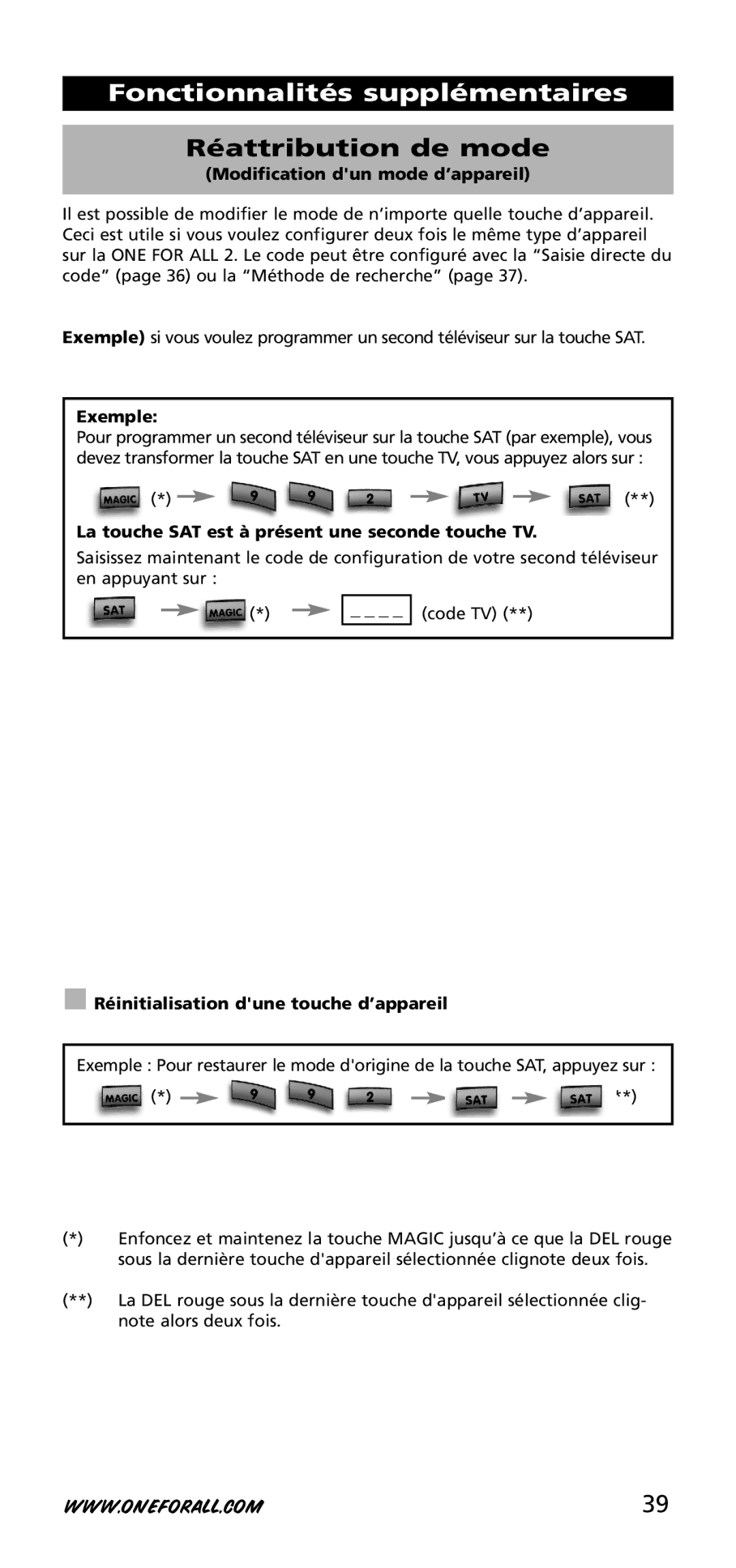 One for All URC-3720 instruction manual Fonctionnalités supplémentaires, Réattribution de mode 