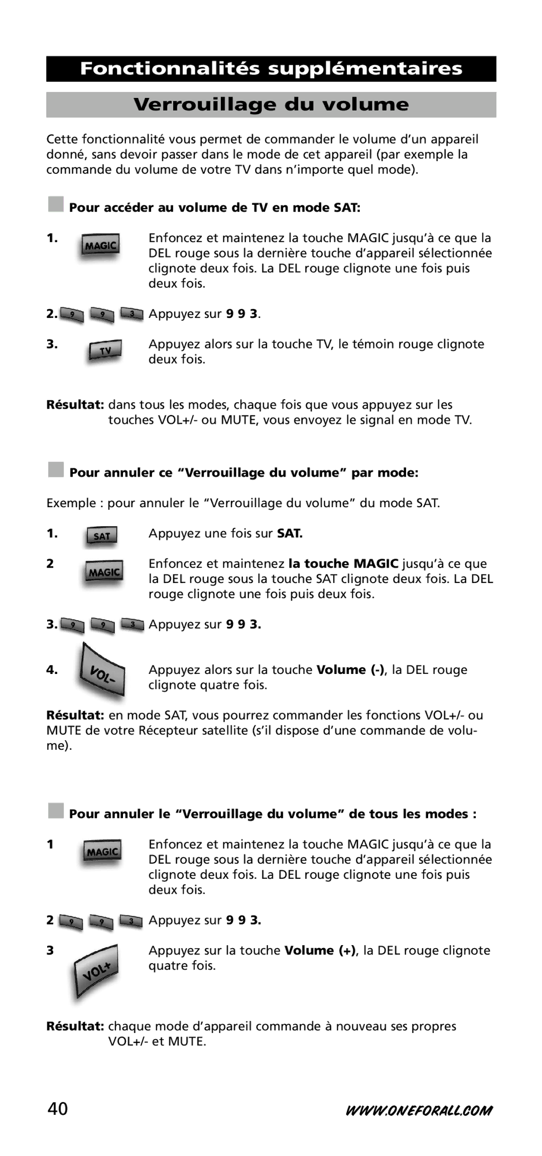 One for All URC-3720 instruction manual Verrouillage du volume, Pour accéder au volume de TV en mode SAT 