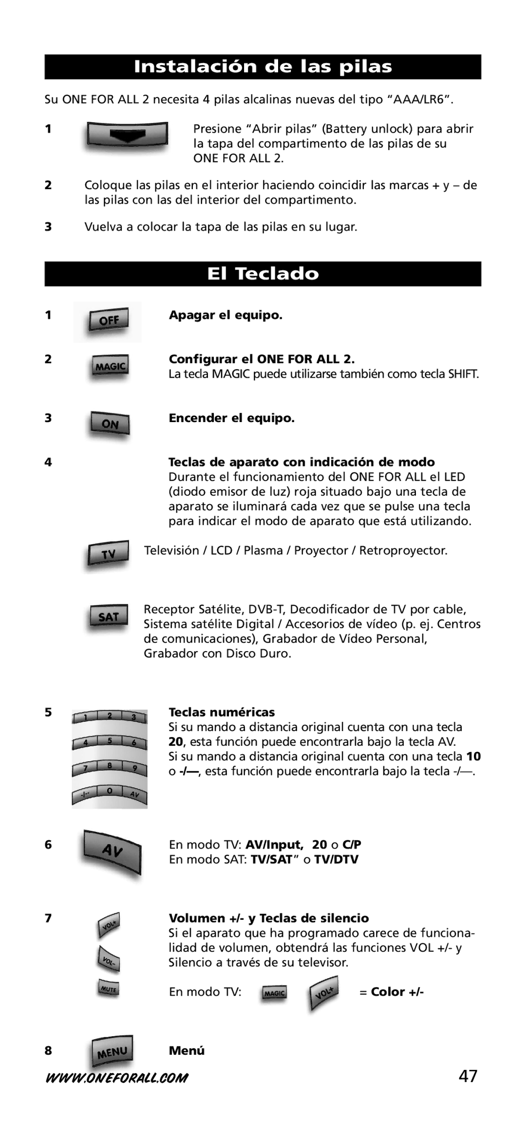 One for All URC-3720 instruction manual Instalación de las pilas, El Teclado 