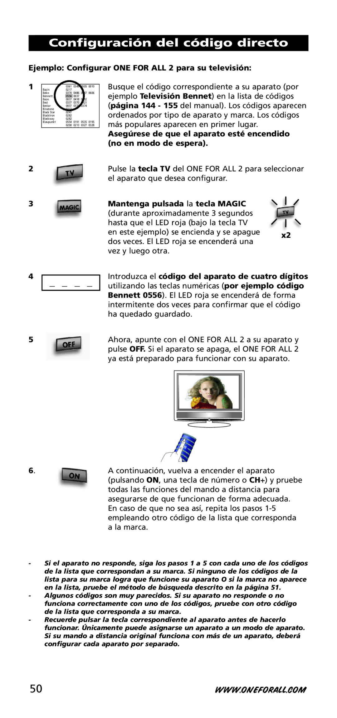 One for All URC-3720 Configuración del código directo, Ejemplo Configurar ONE for ALL 2 para su televisión 