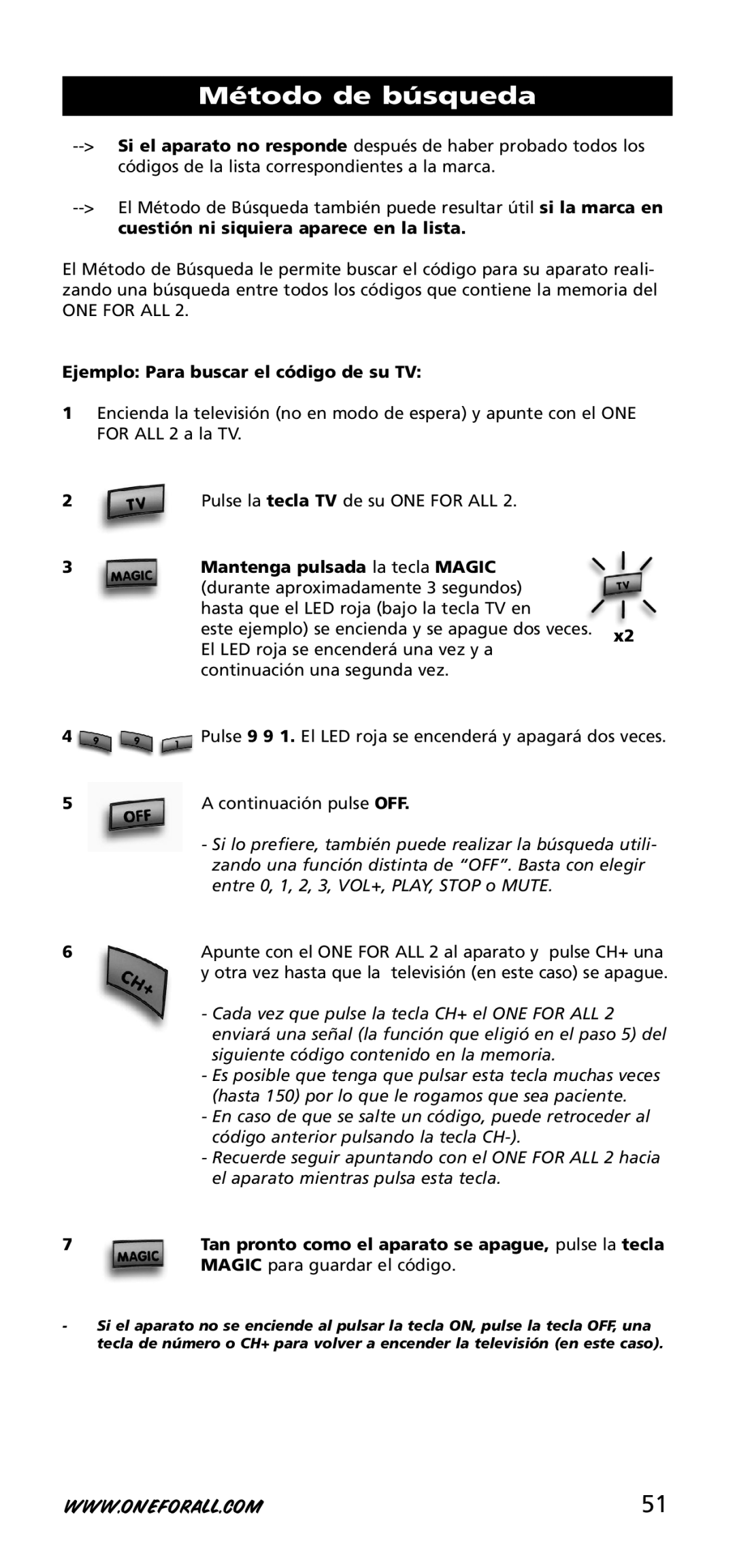 One for All URC-3720 instruction manual Método de búsqueda, Ejemplo Para buscar el código de su TV 