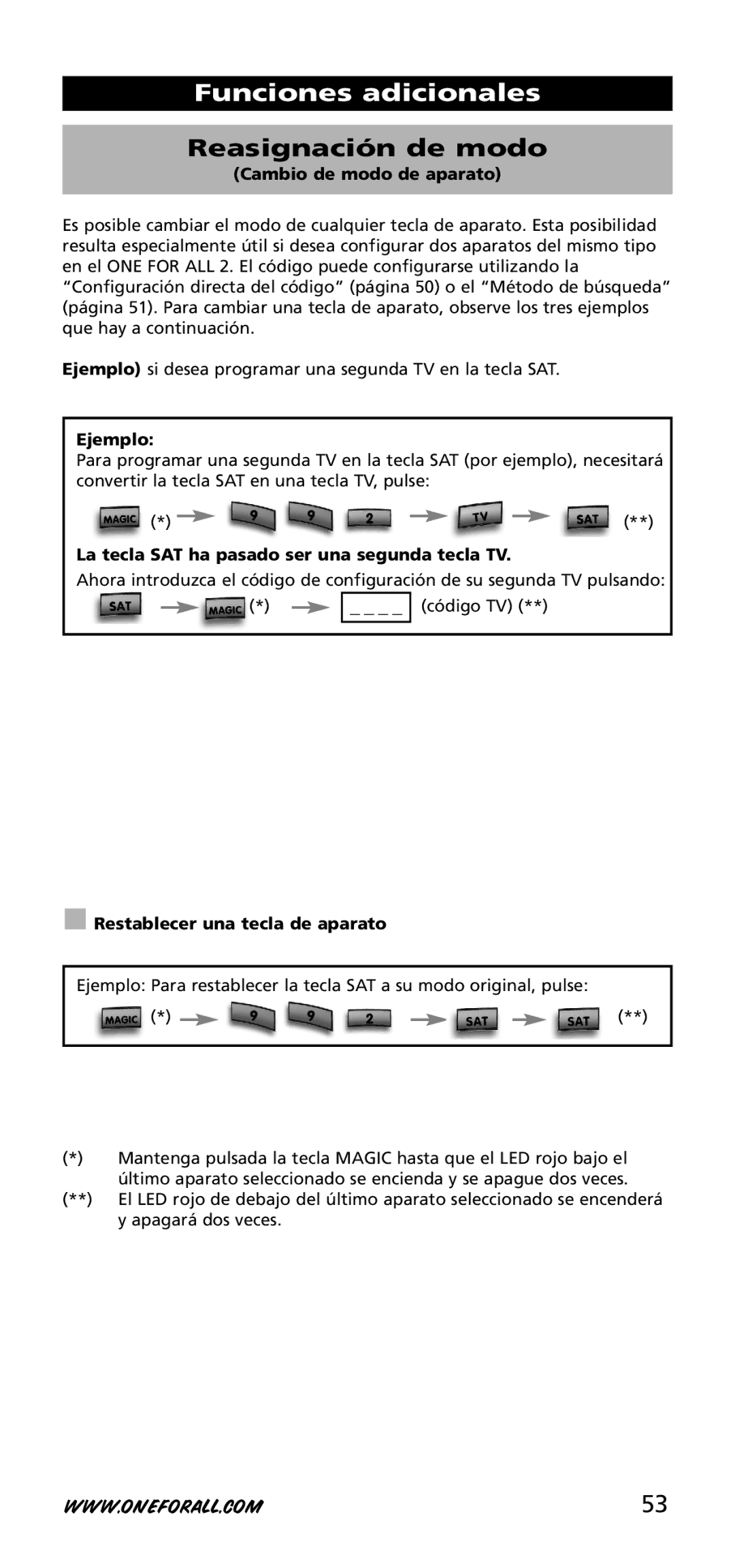 One for All URC-3720 instruction manual Funciones adicionales, Reasignación de modo 