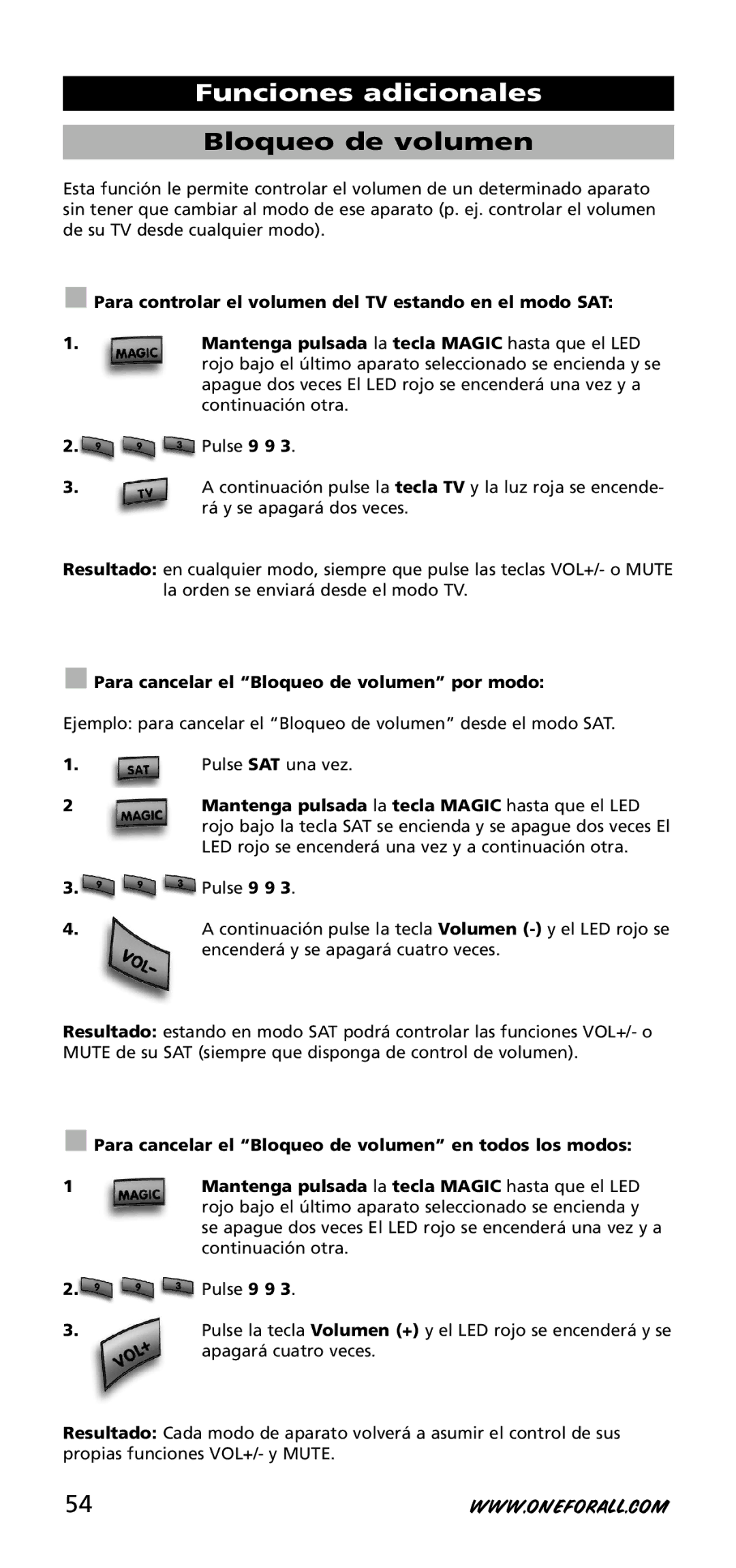 One for All URC-3720 instruction manual Para cancelar el Bloqueo de volumen por modo 