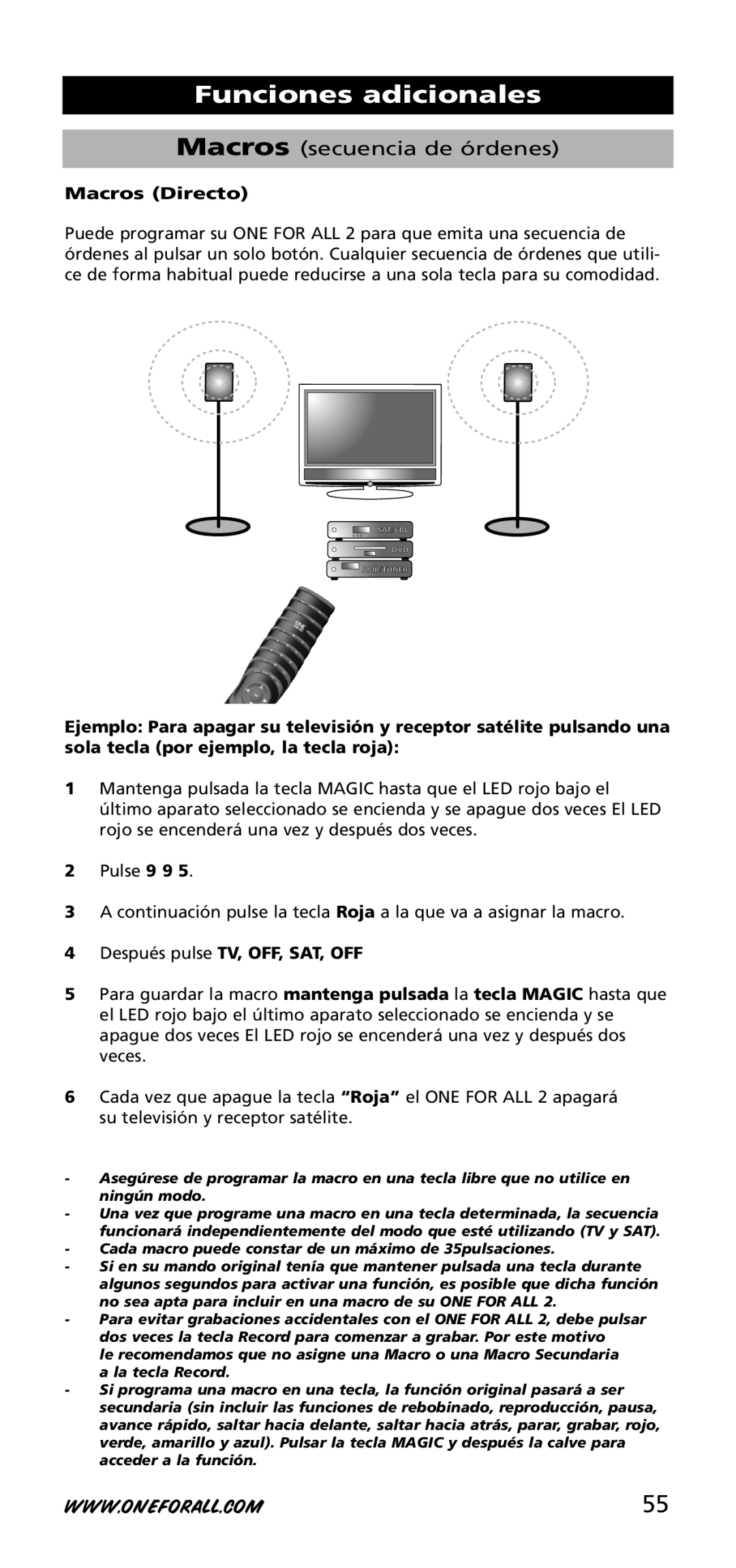 One for All URC-3720 instruction manual Macros Directo, Después pulse TV, OFF, SAT, OFF 