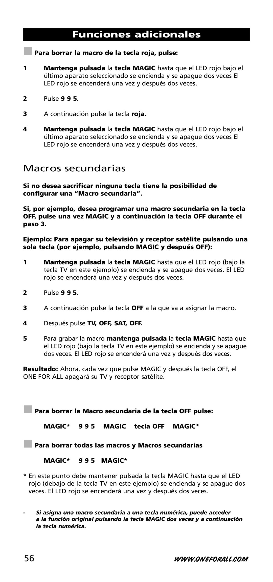 One for All URC-3720 instruction manual Macros secundarias, Para borrar la macro de la tecla roja, pulse 