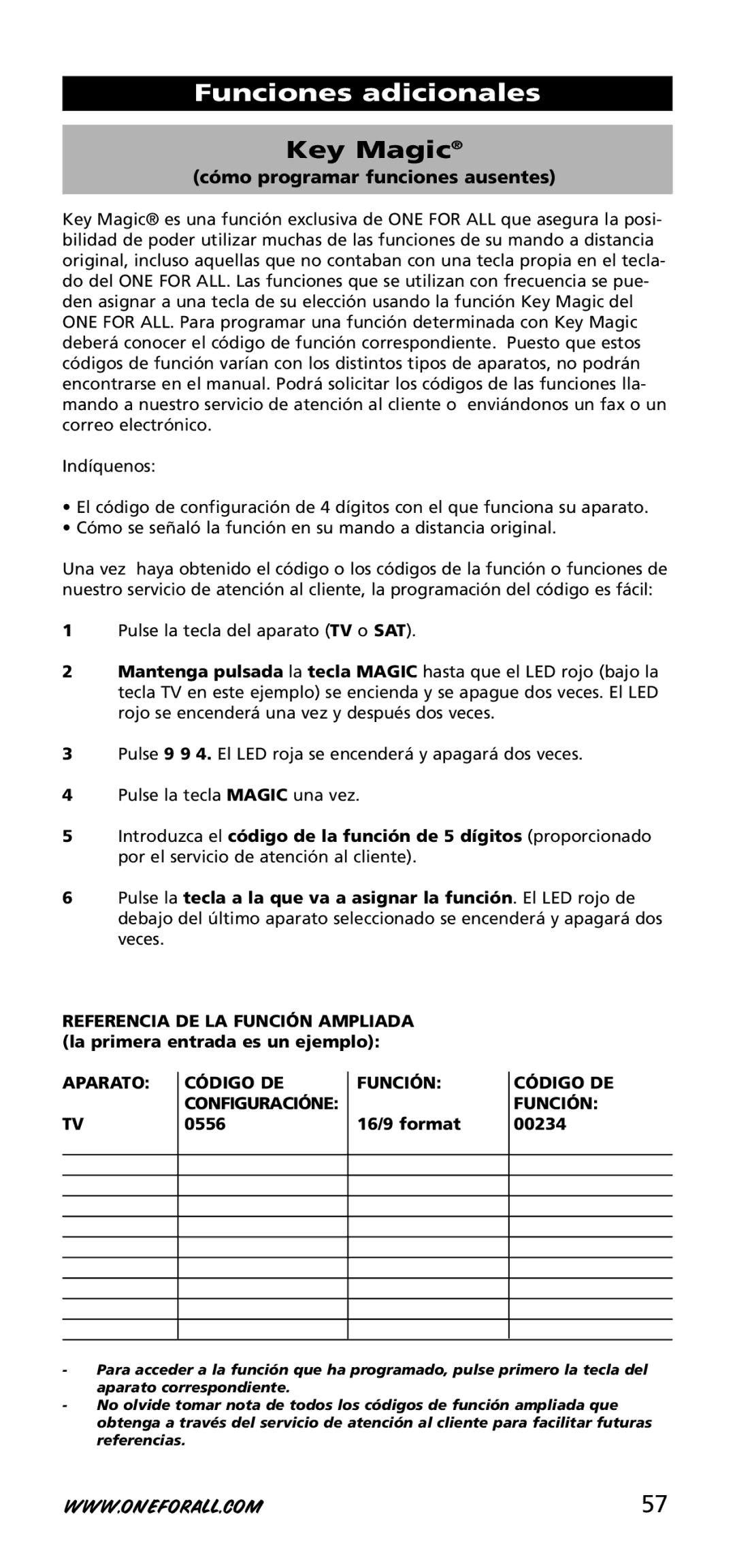 One for All URC-3720 instruction manual Aparato Código DE Función Configuracióne 