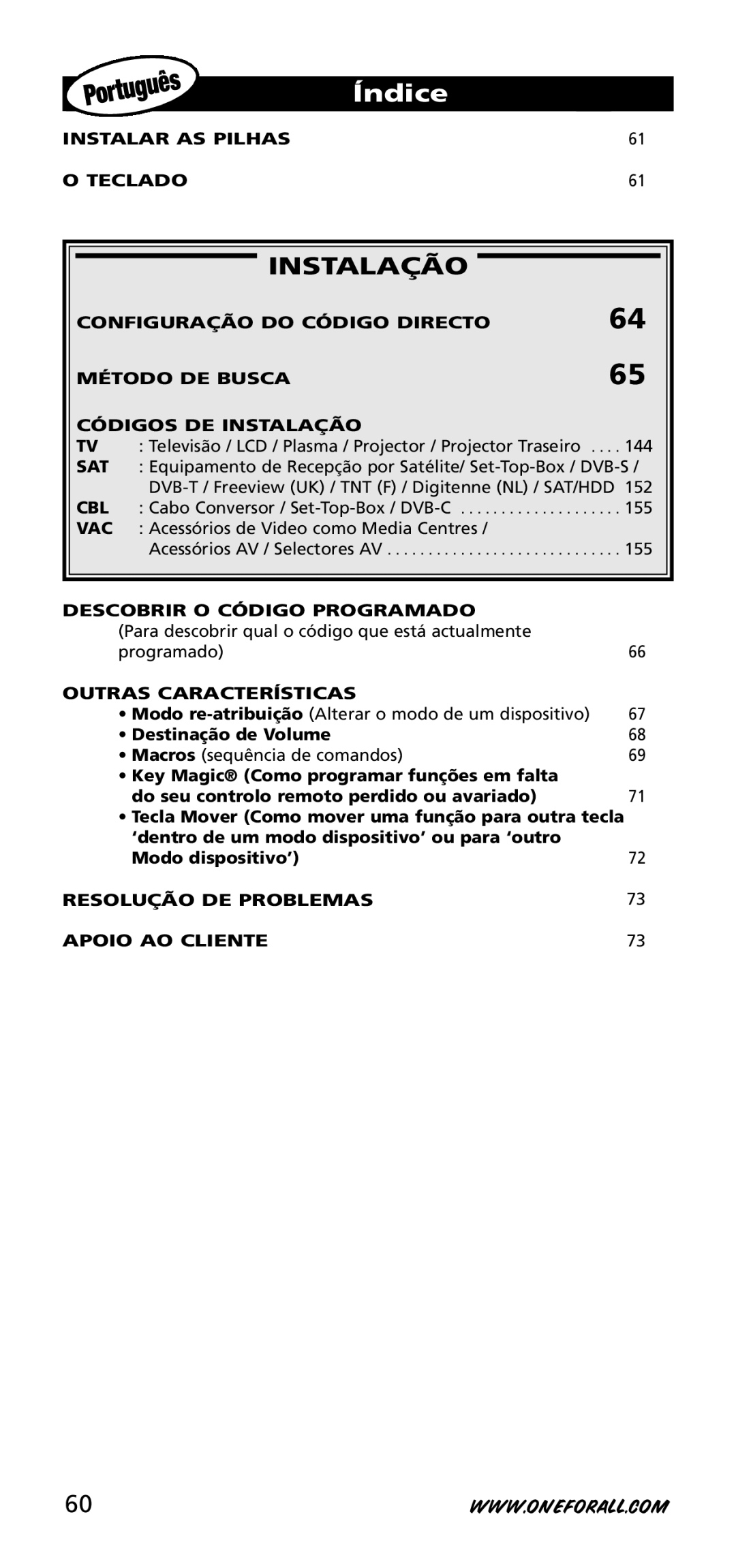 One for All URC-3720 Instalar AS Pilhas Teclado, Configuração do Código Directo, Método DE Busca Códigos DE Instalação 