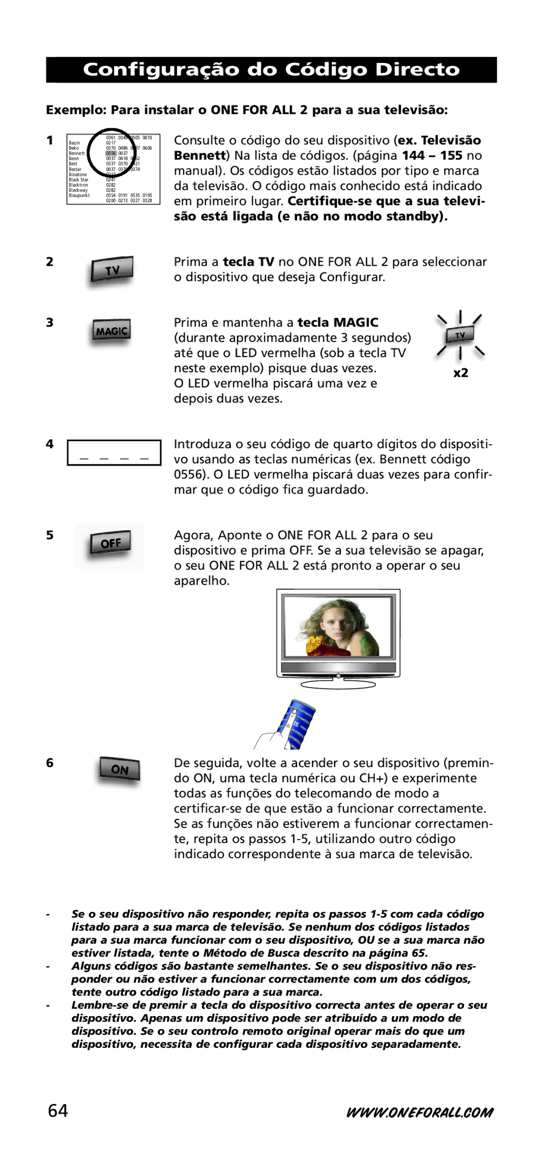 One for All URC-3720 Configuração do Código Directo, Exemplo Para instalar o ONE for ALL 2 para a sua tele visão 