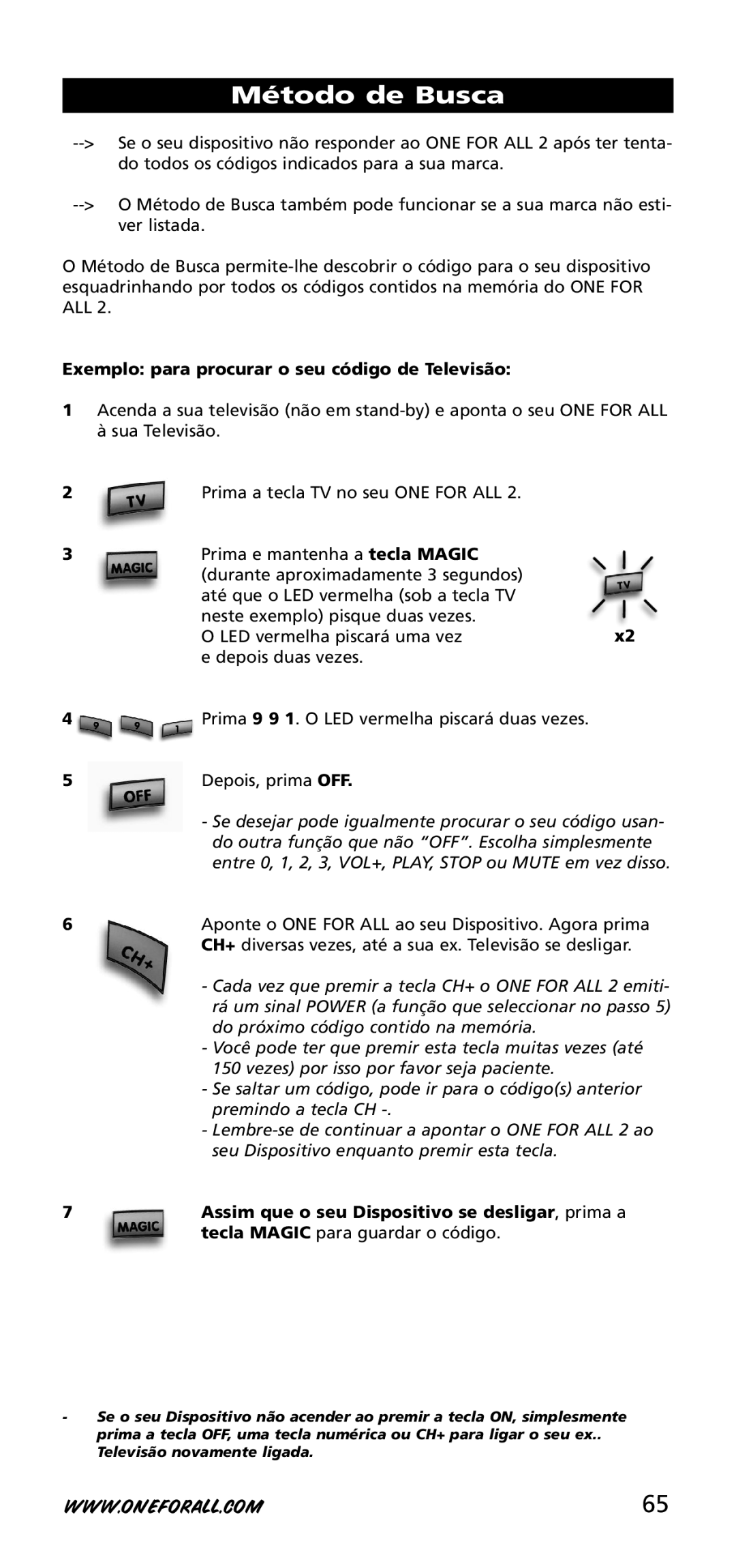 One for All URC-3720 instruction manual Método de Busca, Exemplo para procurar o seu código de Televisão 