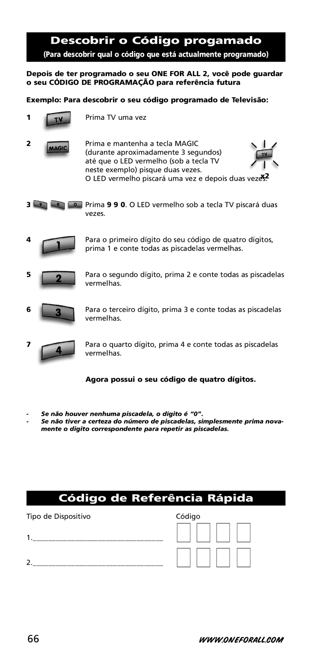 One for All URC-3720 instruction manual Descobrir o Código progamado, Código de Referência Rápida 