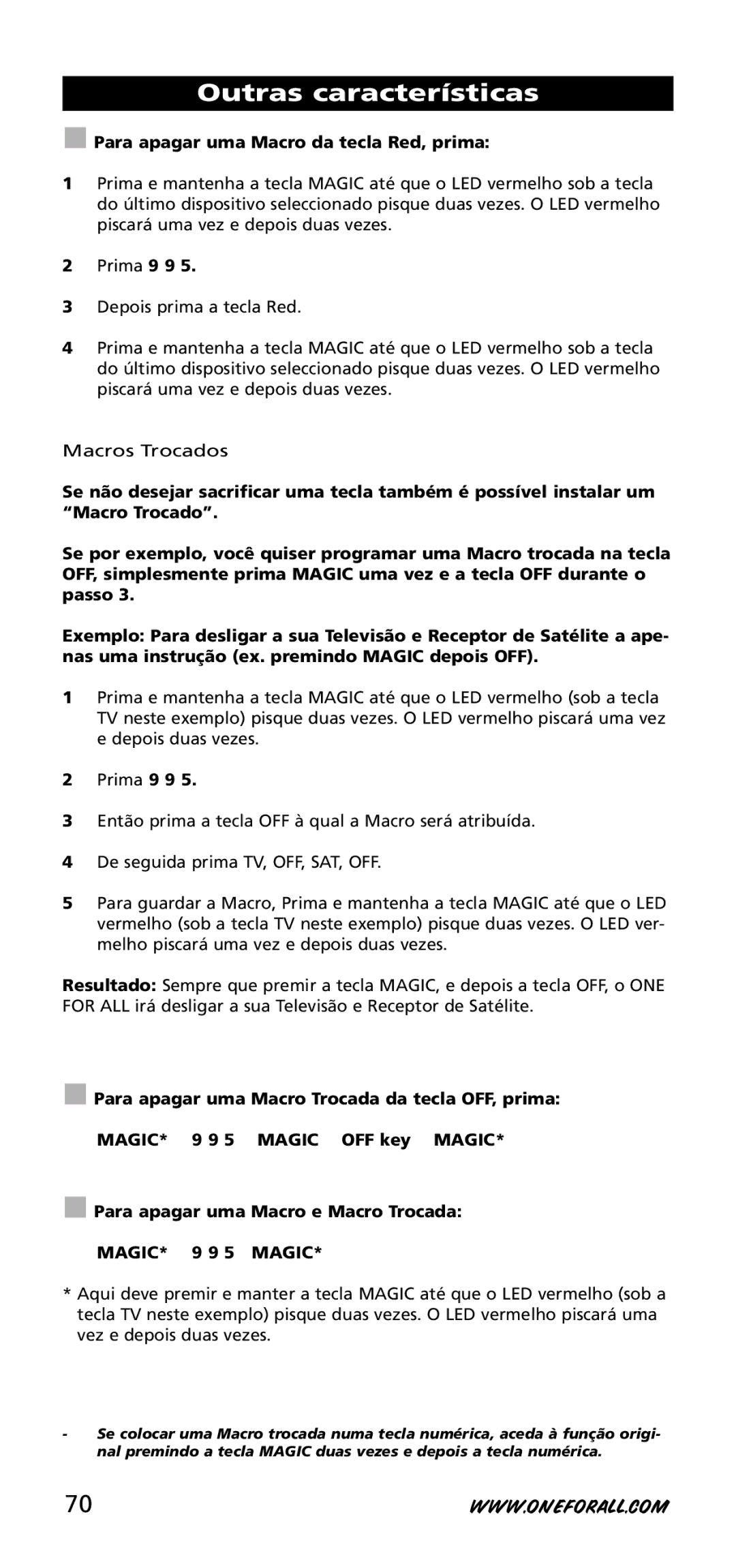One for All URC-3720 Para apagar uma Macro da tecla Red, prima, Para apagar uma Macro Trocada da tecla OFF, prima 