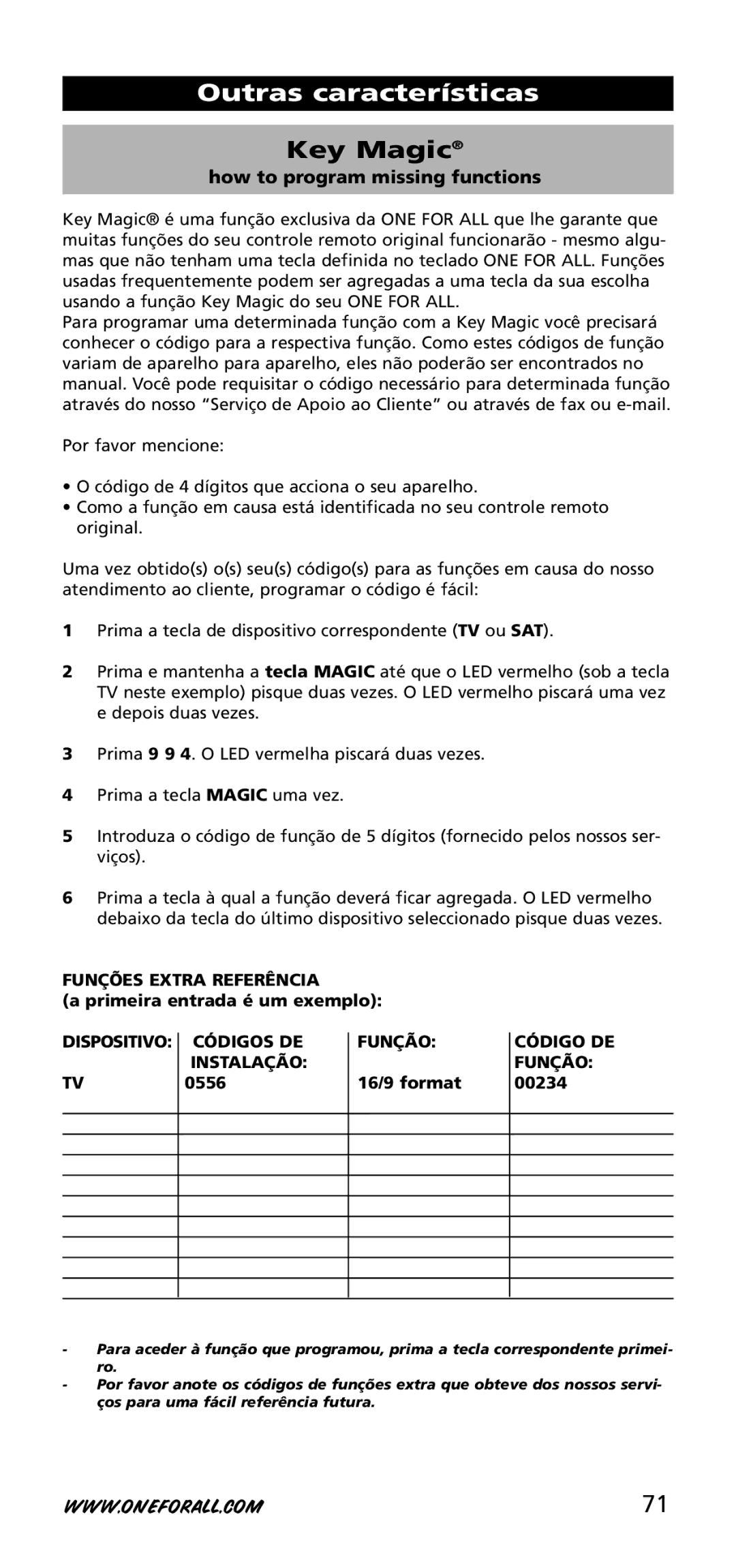 One for All URC-3720 Funções Extra Referência, Primeira entrada é um exemplo, Dispositivo Códigos DE Função Instalação 