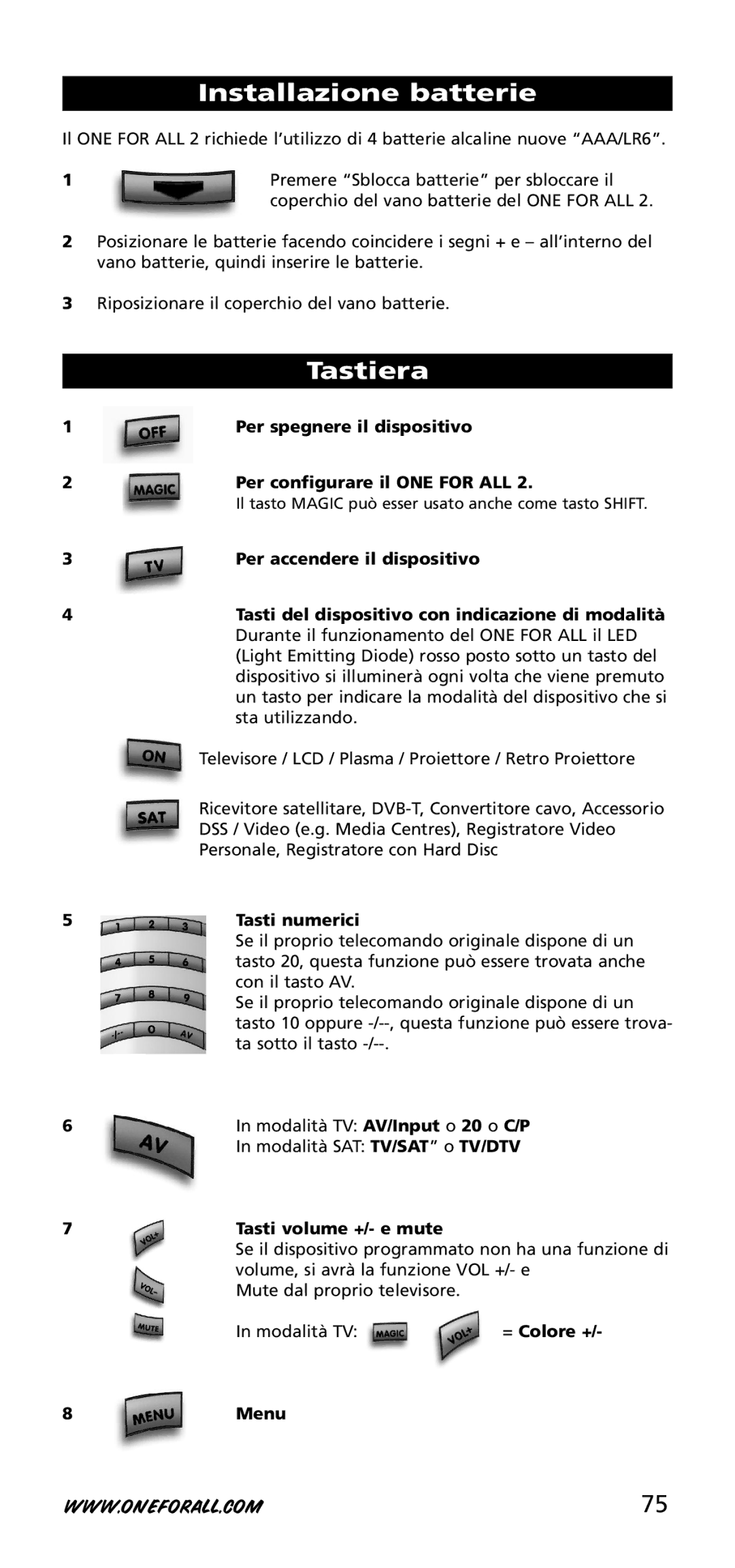 One for All URC-3720 instruction manual Installazione batterie, Tastiera 