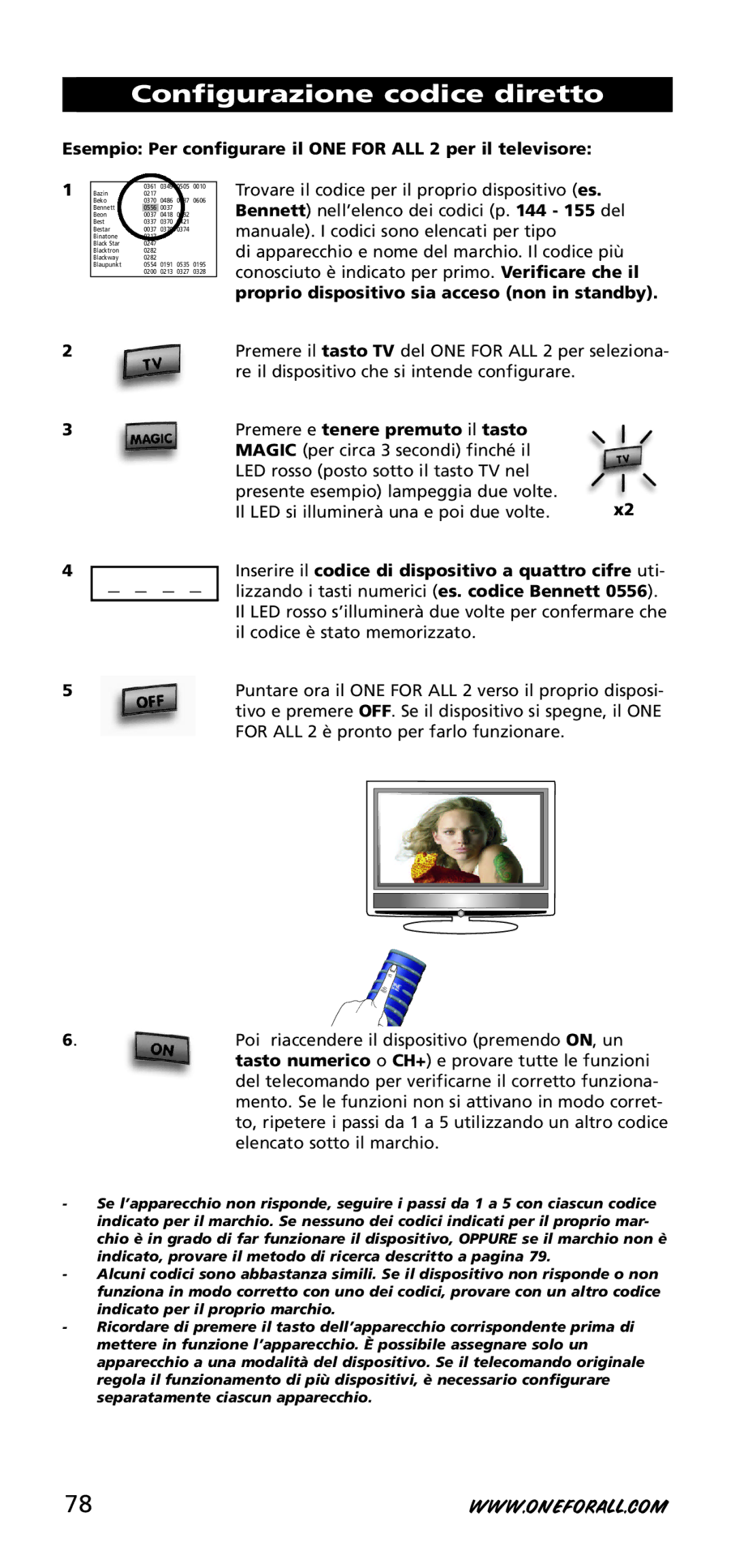 One for All URC-3720 Configurazione codice diretto, Esempio Per configurare il ONE for ALL 2 per il televiso re 