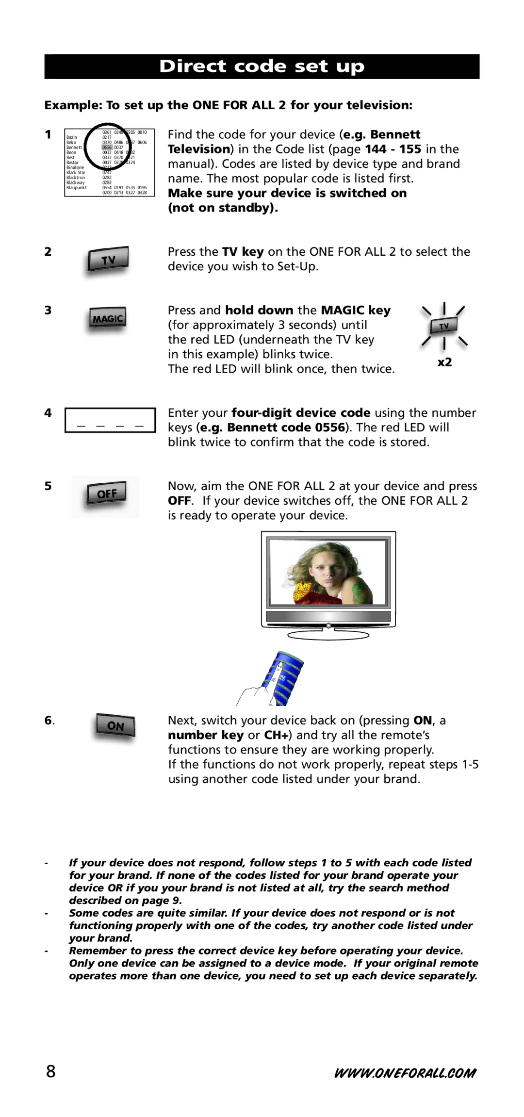 One for All URC-3720 instruction manual Direct code set up, Example To set up the ONE for ALL 2 for your television 