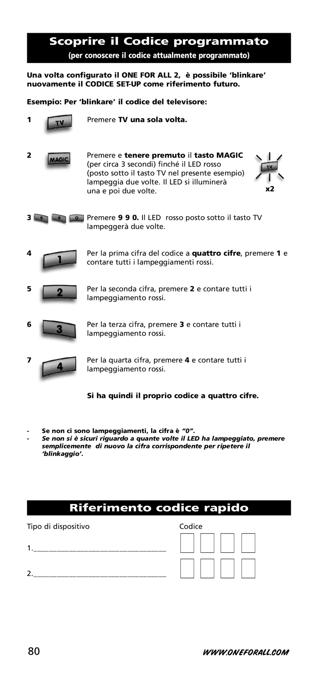 One for All URC-3720 instruction manual Scoprire il Codice programmato, Riferimento codice rapido 