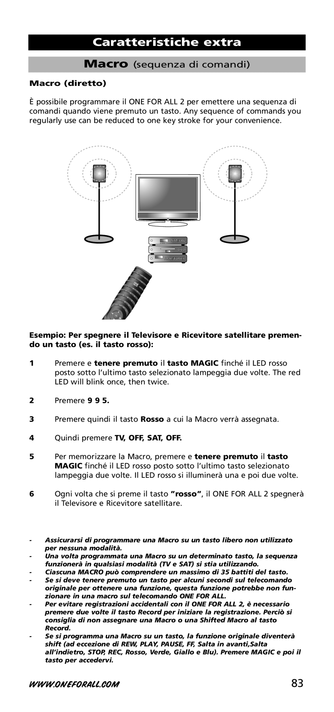 One for All URC-3720 instruction manual Macro diretto, Quindi premere TV, OFF, SAT, OFF 