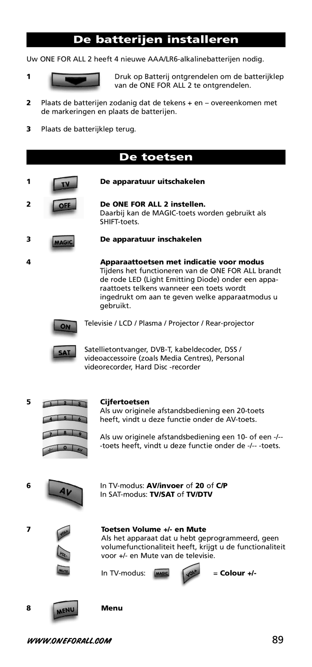 One for All URC-3720 De batterijen installeren, De toetsen, De apparatuur uitschakelen De ONE for ALL 2 instellen 