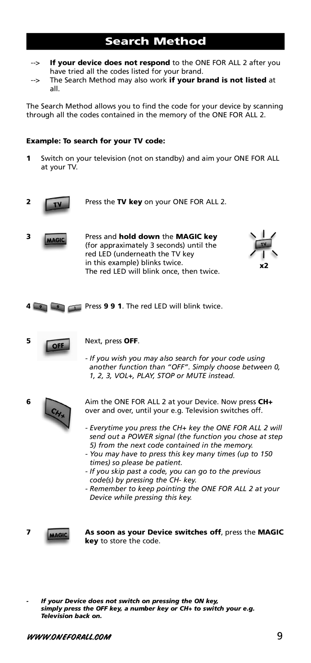 One for All URC-3720 Search Method, Example To search for your TV code, Press and hold down the Magic key 