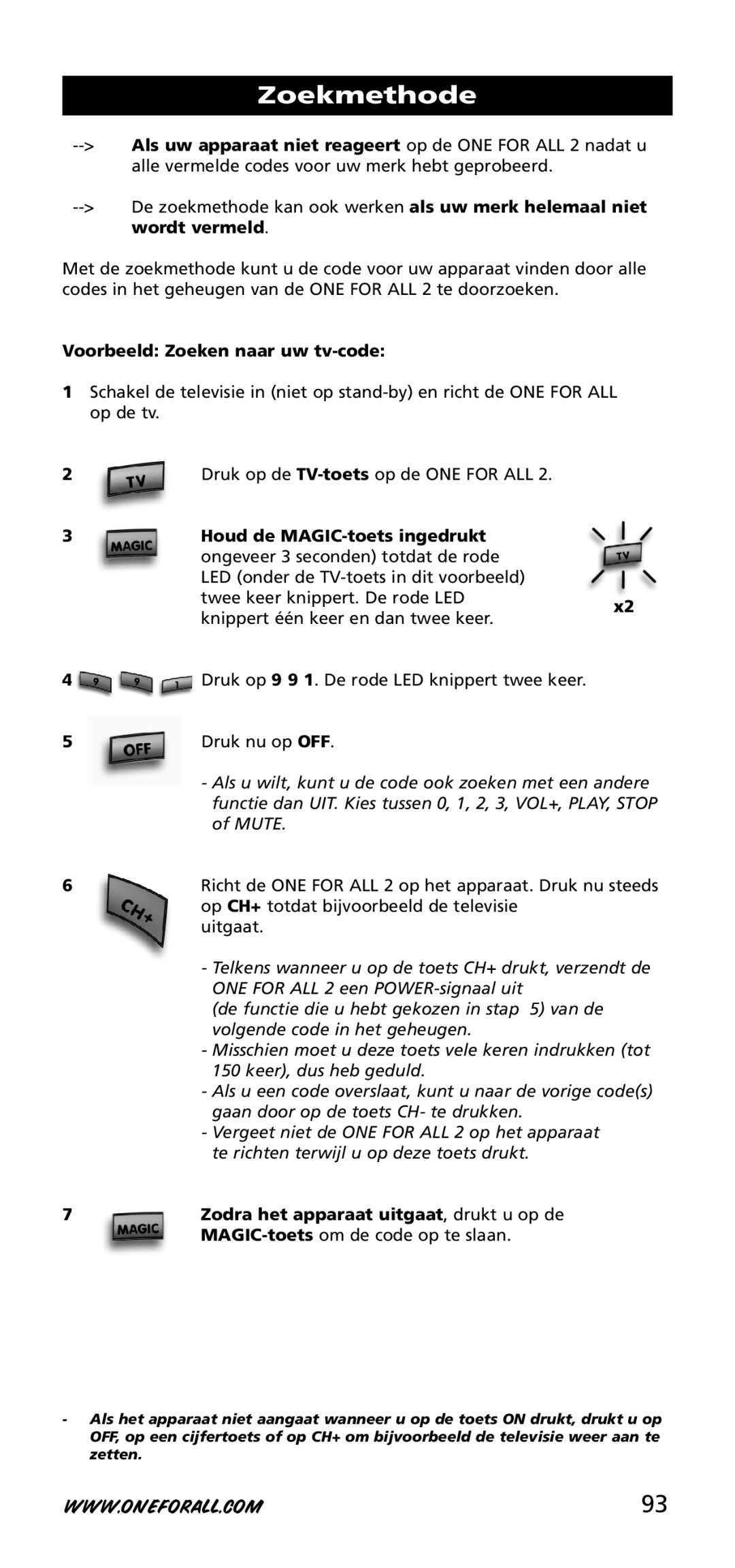 One for All URC-3720 instruction manual Zoekmethode, Voorbeeld Zoeken naar uw tv-code 