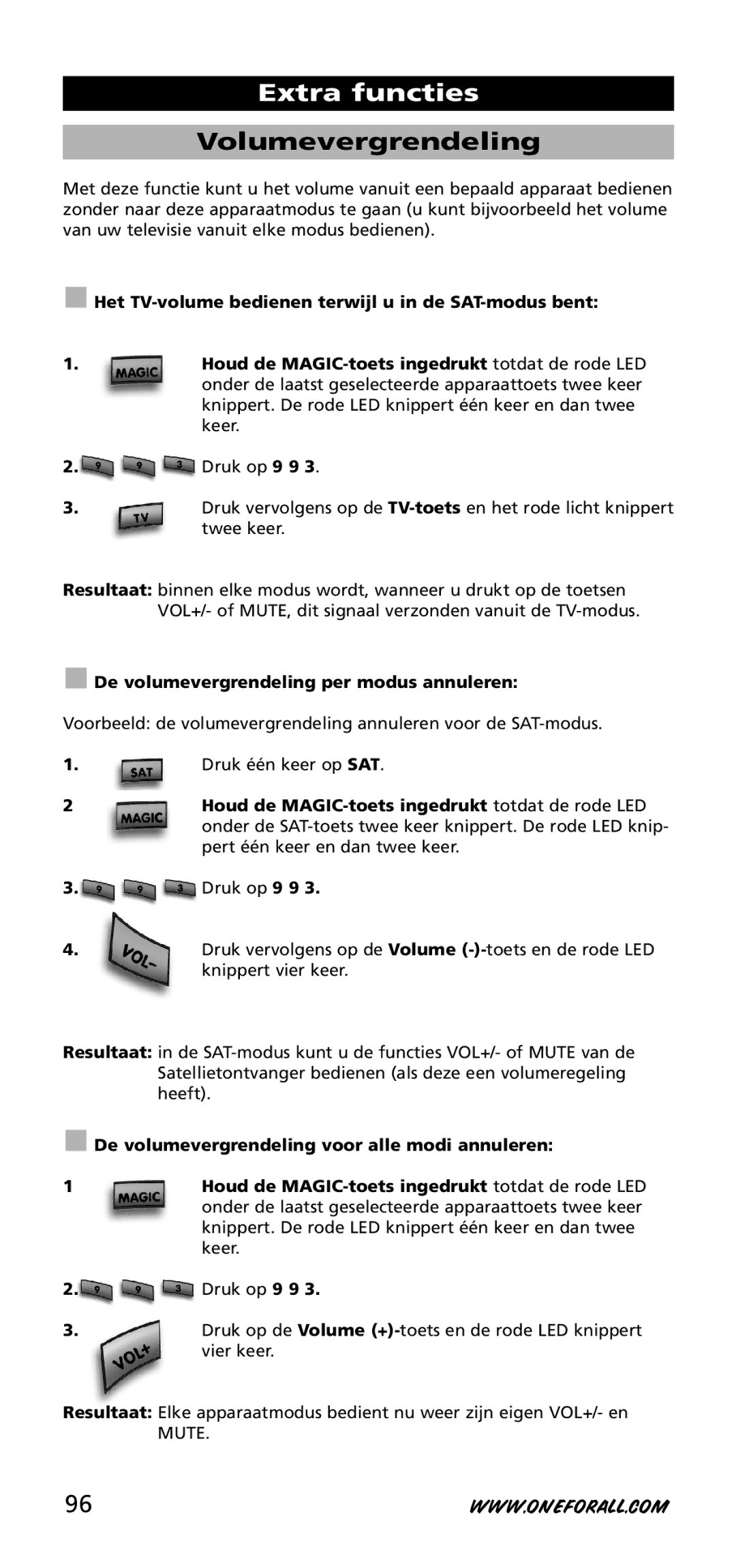 One for All URC-3720 instruction manual Volumevergrendeling, De volumevergrendeling per modus annuleren 