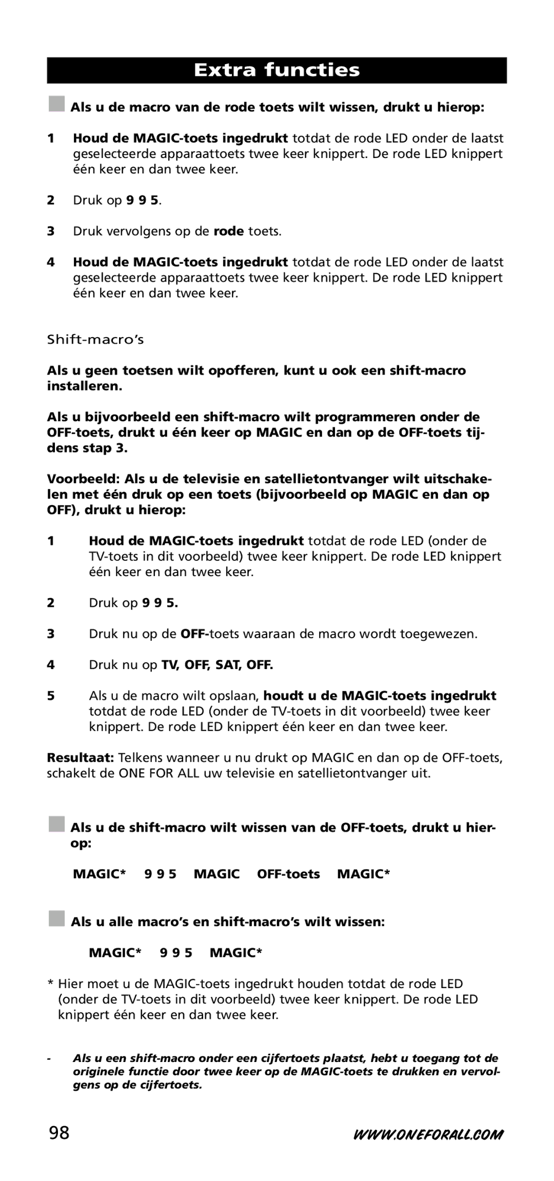 One for All URC-3720 instruction manual Als u de macro van de rode toets wilt wissen, drukt u hierop, MAGIC* 9 9 5 Magic 