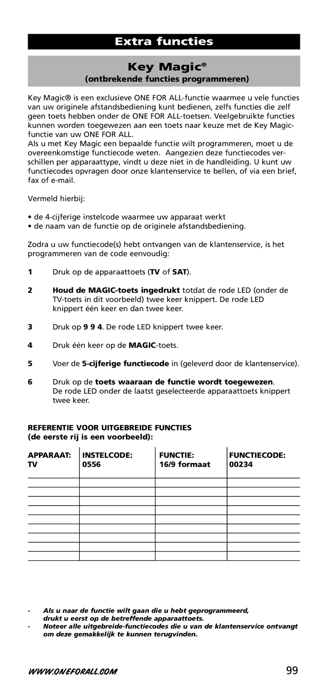 One for All URC-3720 Druk op de toets waaraan de functie wordt toegewezen, Apparaat Instelcode Functie, 16/9 formaat 00234 