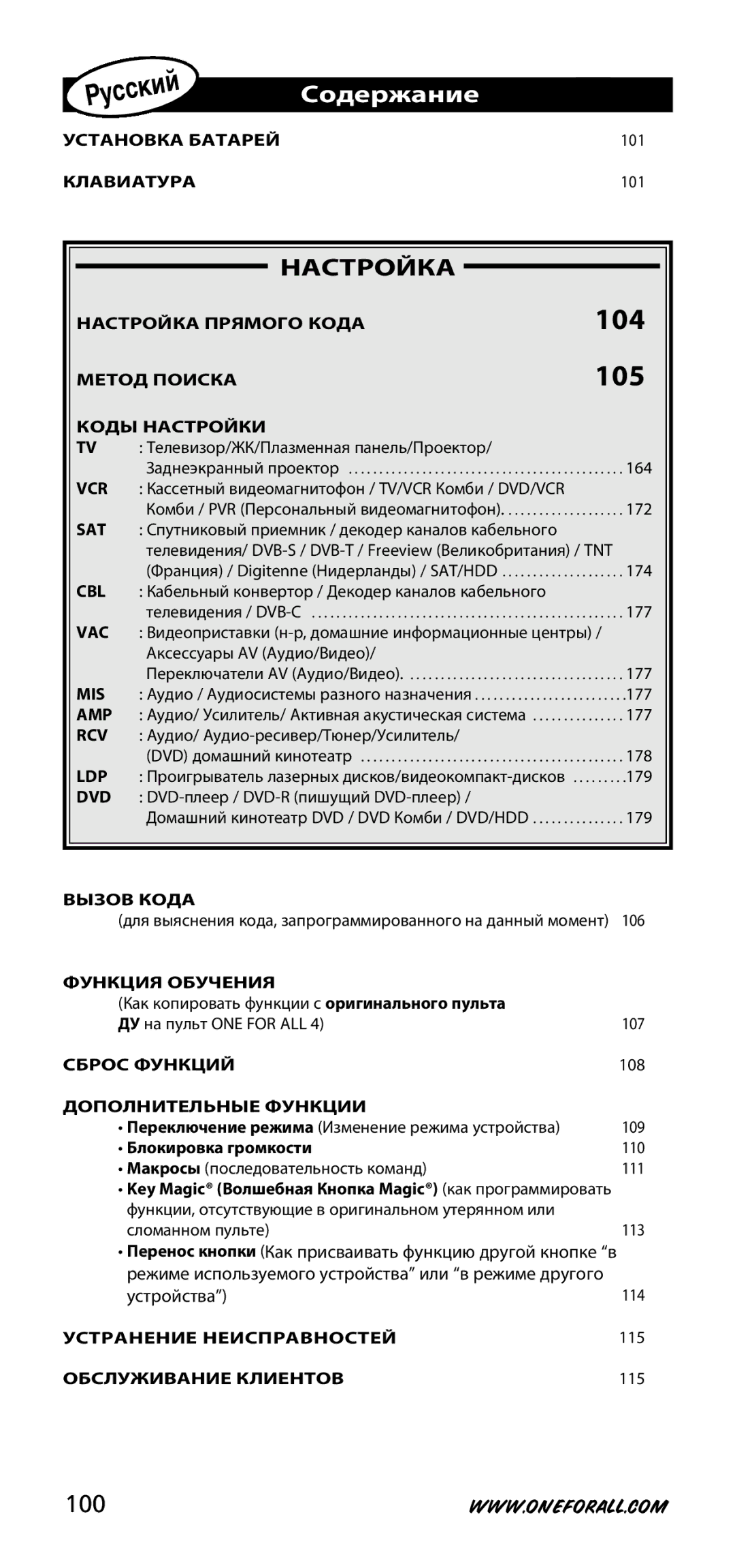 One for All URC-3740 instruction manual Содержание, 100 