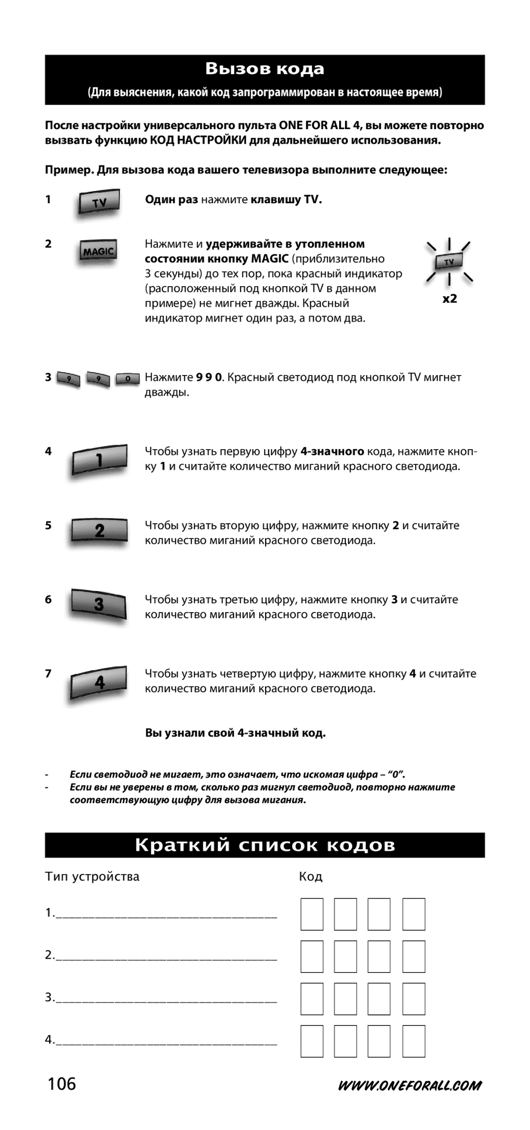 One for All URC-3740 instruction manual Вызов кода, Вы узнали свой 4-значный код 