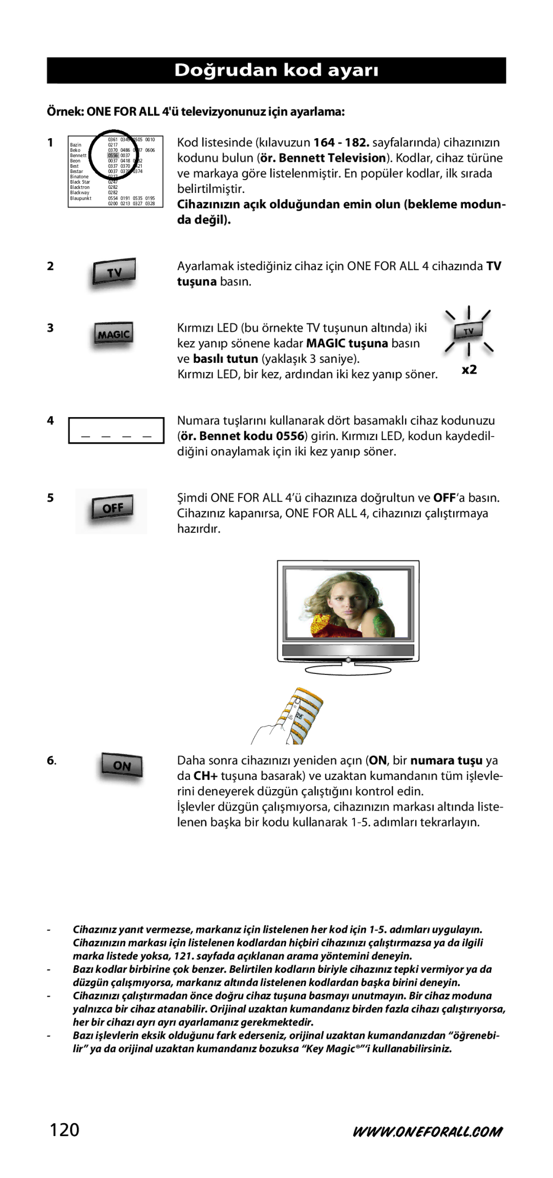 One for All URC-3740 Doğrudan kod ayarı, 120, Örnek ONE for ALL 4ü televizyonunuz için ayarlama, Tuşuna basın 