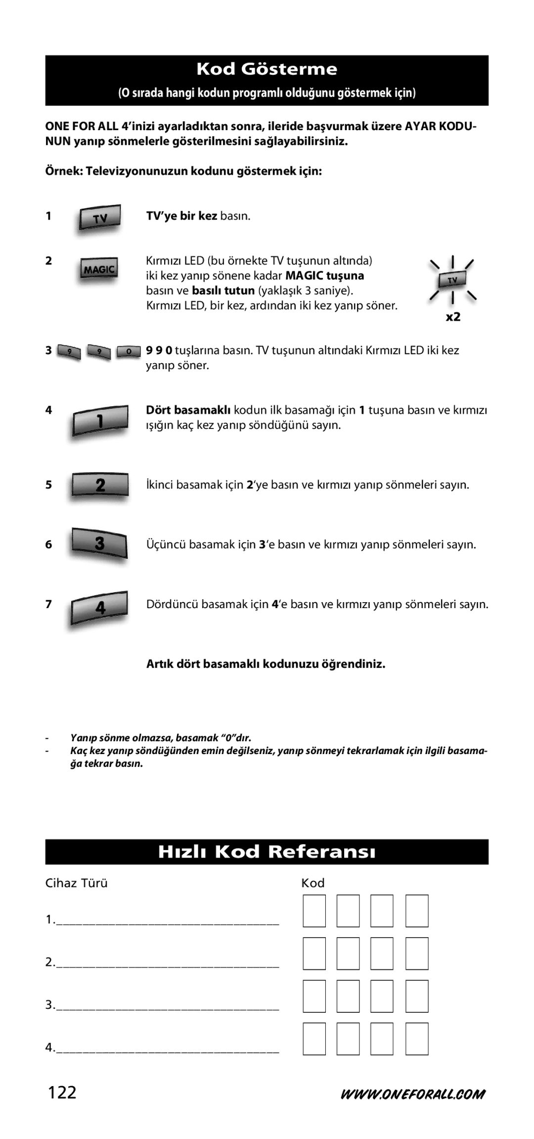 One for All URC-3740 instruction manual Kod Gösterme, Hızlı Kod Referansı, 122, Artık dört basamaklı kodunuzu öğrendiniz 