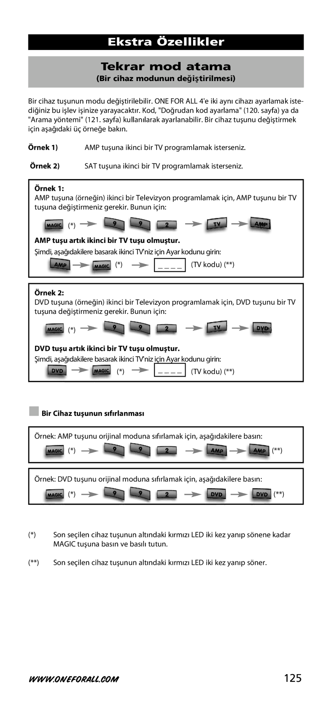 One for All URC-3740 instruction manual Ekstra Özellikler, Tekrar mod atamağ ş, 125 