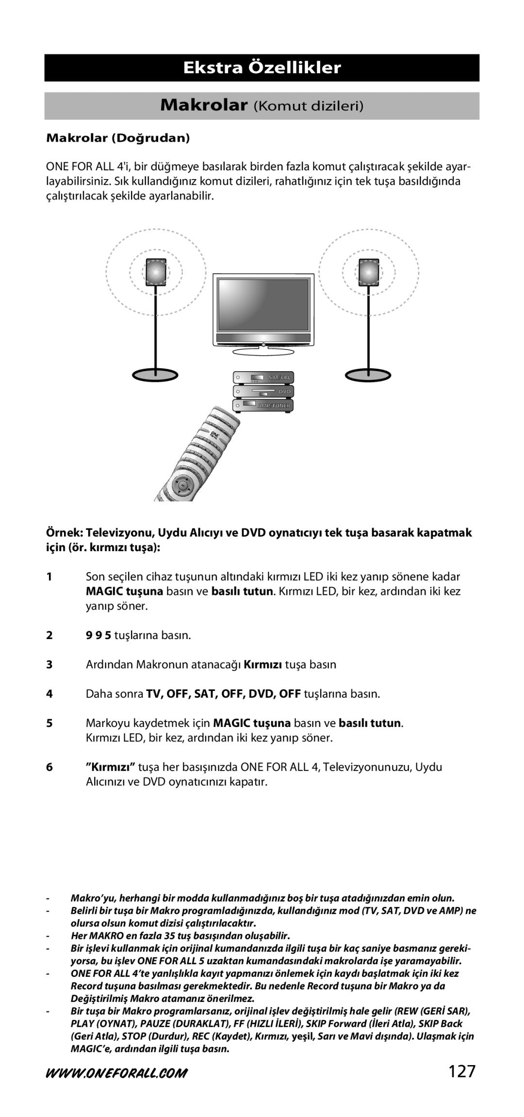 One for All URC-3740 instruction manual 127, Makrolar Doğrudan, Daha sonra TV, OFF, SAT, OFF, DVD, OFF tuşlarına basın 