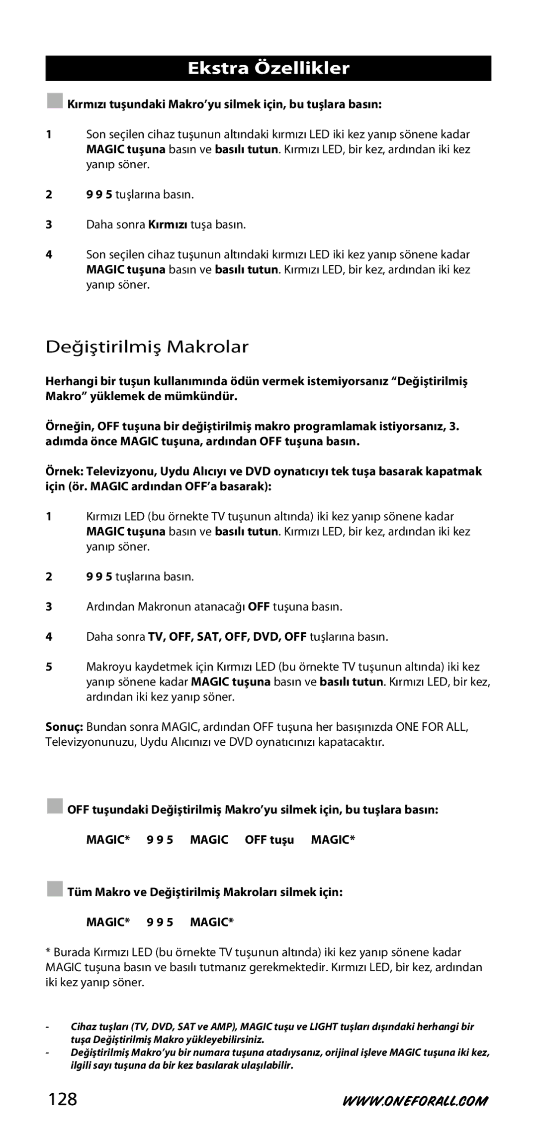 One for All URC-3740 instruction manual 128, Kırmızı tuşundaki Makro’yu silmek için, bu tuşlara basın 