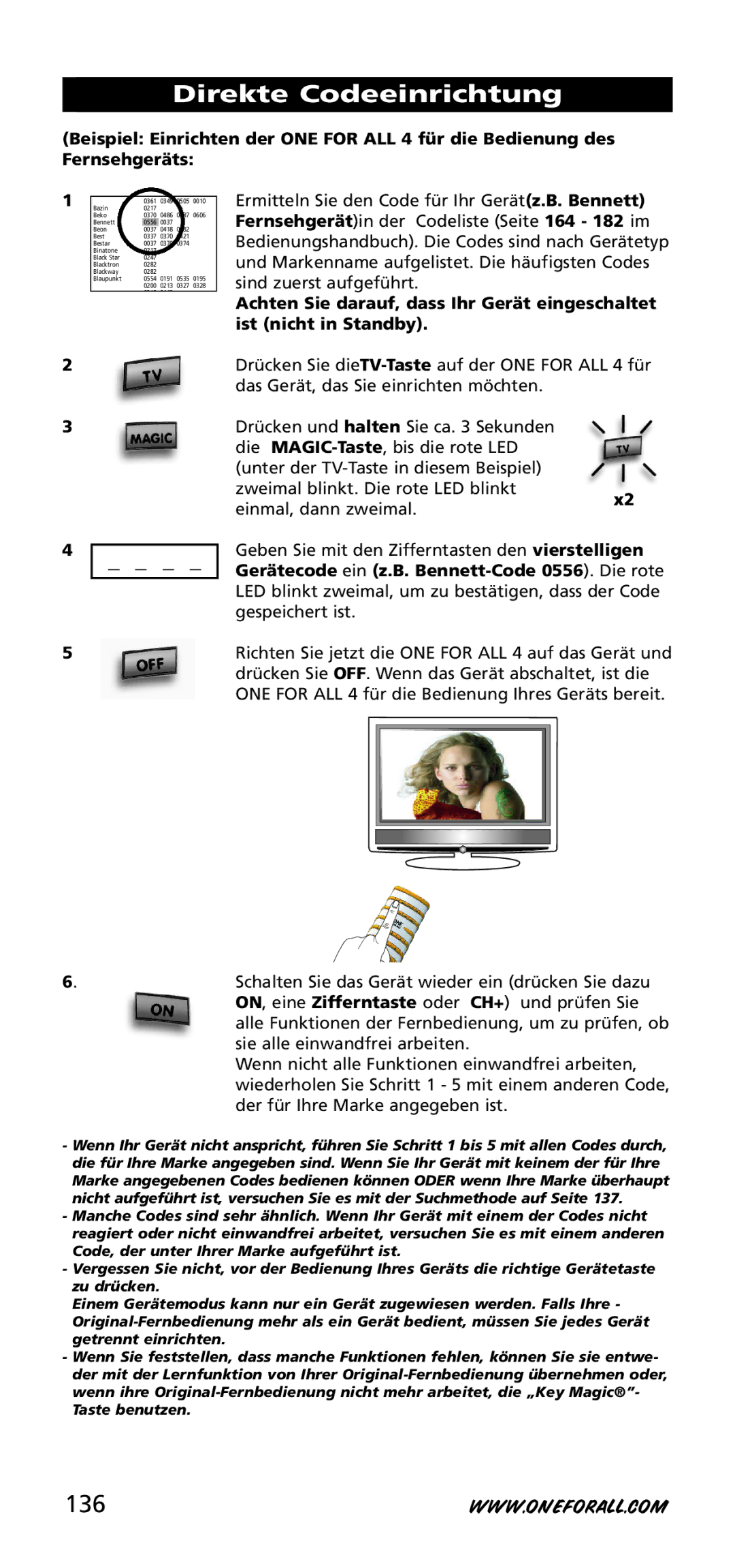 One for All URC-3740 instruction manual Direkte Codeeinrichtung, 136 