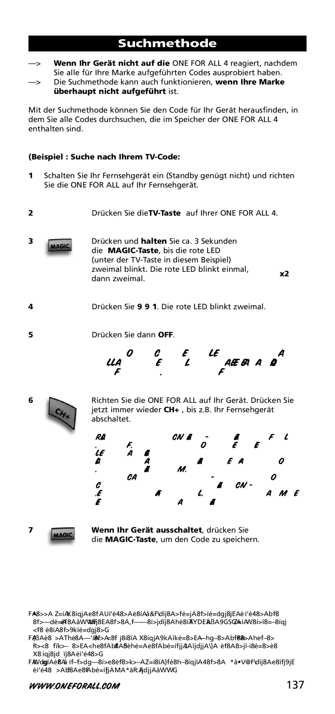 One for All URC-3740 instruction manual Suchmethode, 137, Beispiel Suche nach Ihrem TV-Code 