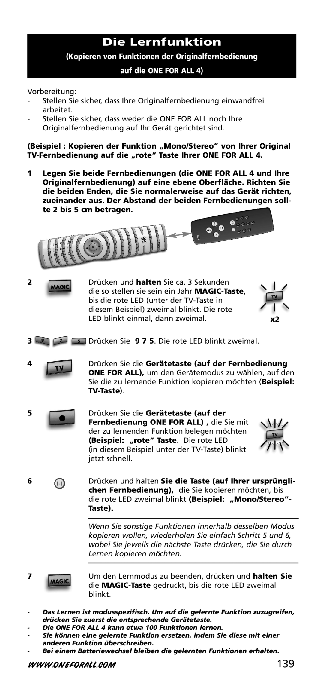 One for All URC-3740 instruction manual Die Lernfunktion, 139 