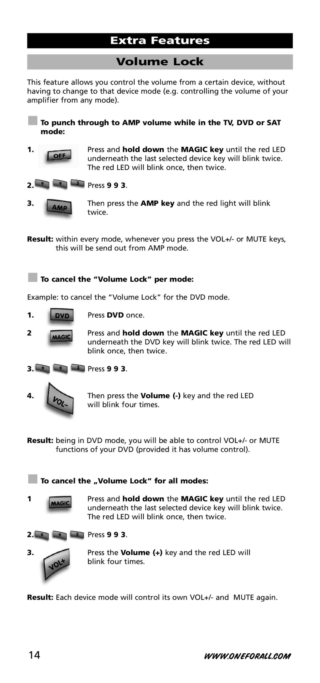 One for All URC-3740 instruction manual To cancel the Volume Lock per mode, To cancel the „Volume Lock for all modes 