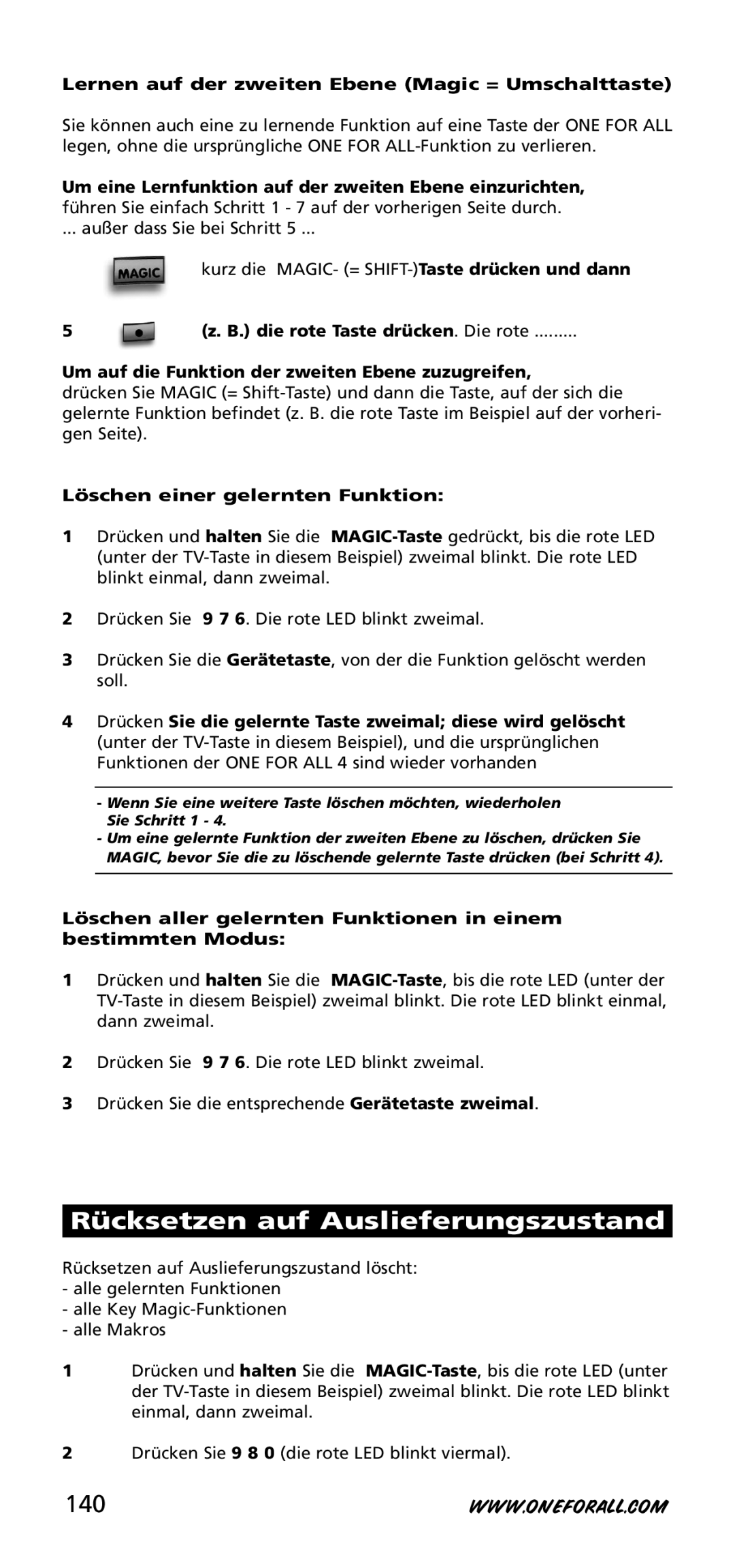 One for All URC-3740 instruction manual Rücksetzen auf Auslieferungszustand, 140 